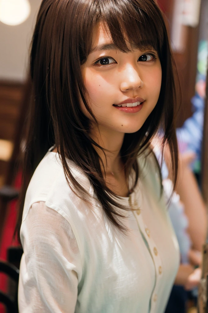 (8K, Raw photo, highest quality, masterpiece:1.2), (realistic, photo-realistic:1.37), Super detailed, ultra high resolution,1 girl,looking at the viewer,beautiful and detailed face,smile,narrow,(slim waist:1.3),shirt, Beautiful and smooth skin, skin texture, floating hair,professional lighting、big breasts、下着が見える透けるshirt、Upper body、