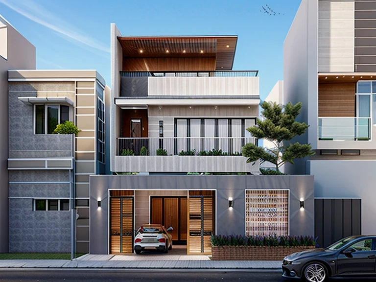 (masterpiece),(high quality), best quality, real,(realistic), super detailed, (full detail),(4k),8k,modern house exterior design,Modern architecture,Beautiful_sky,Day light, no_humans, outdoors,sky,tree,Garden flower front of building