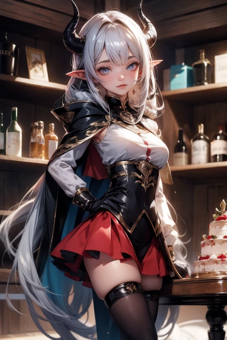Cute Girl, masterpiece, best quality,, GBFthalatha, black gloves, black thighhighs, cape, draph, grey hair, horns, large breasts, long hair, pointy ears, miniskirt, red skirt,, indoor, cake, happy, closed eyes