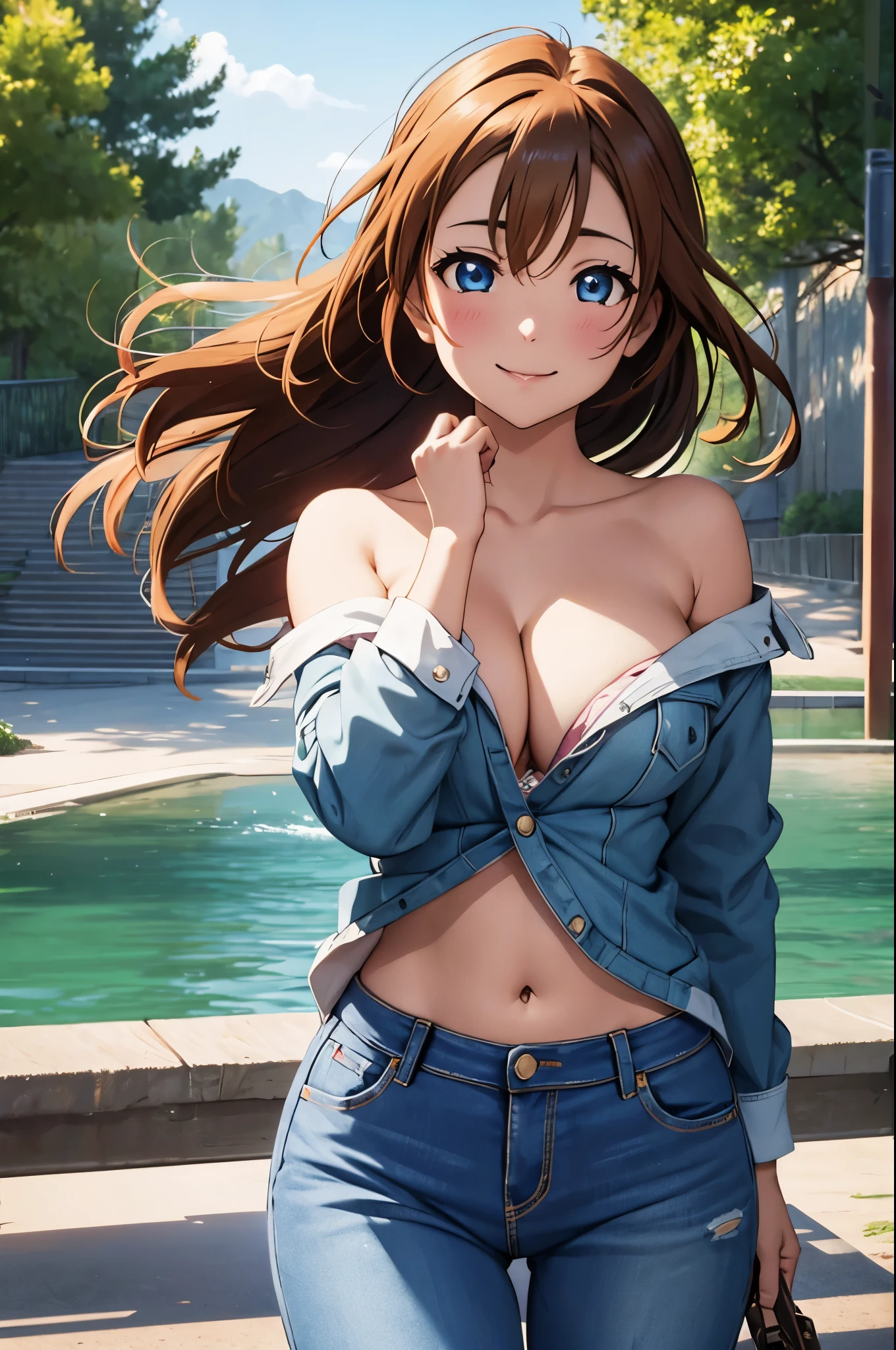 (Masterpiece, Best Quality, High Quality), (chibi),kousaka honoka, volumetric lighting, illustration, blue eyes,beautiful,Blushing, breasts, seductive smile,perfect lighting, perfect shadows, red strapless tube top,off shoulder small jacket, navel, sexy jeans pants,watch, (breathtaking scenery:1.1),(her hair flying from the wind:1.3),(detailed hair strands),big breasts 