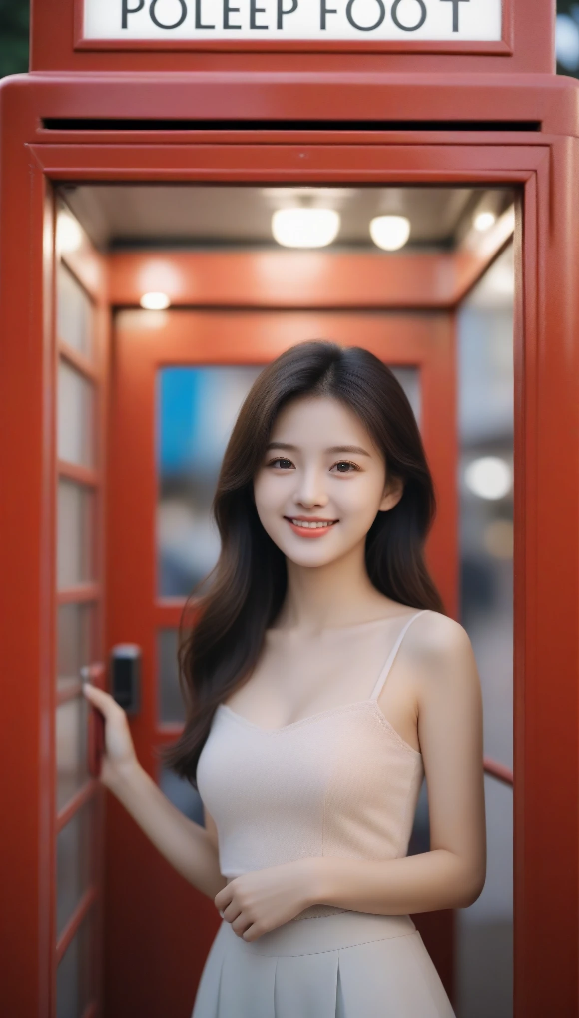 close-up of beautiful korean female, 34 inch breasts size, wearing crop camisole, smile, ij front of the old phone booth, bokeh background, Polaroid photo, UHD