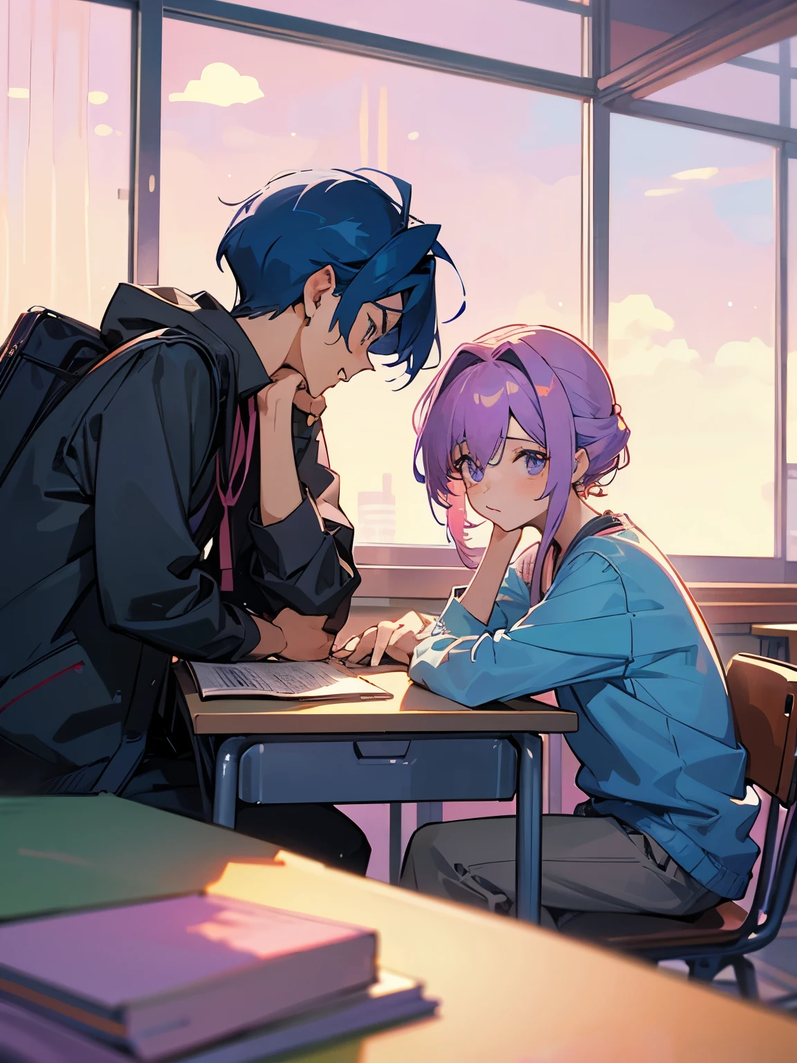 cartoon of two boys sitting at a table with a book and a backpack, ddlc, in the art style of 8 0 s anime, 9 0 s anime style, 90s anime style, in anime style, in an anime style, anime aesthetic, anime vibes, 9 0 s anime aesthetic, 9 0 s anime art style, lofi boy, typical anime classroom, beautiful background window, two cute boys, beautiful faces