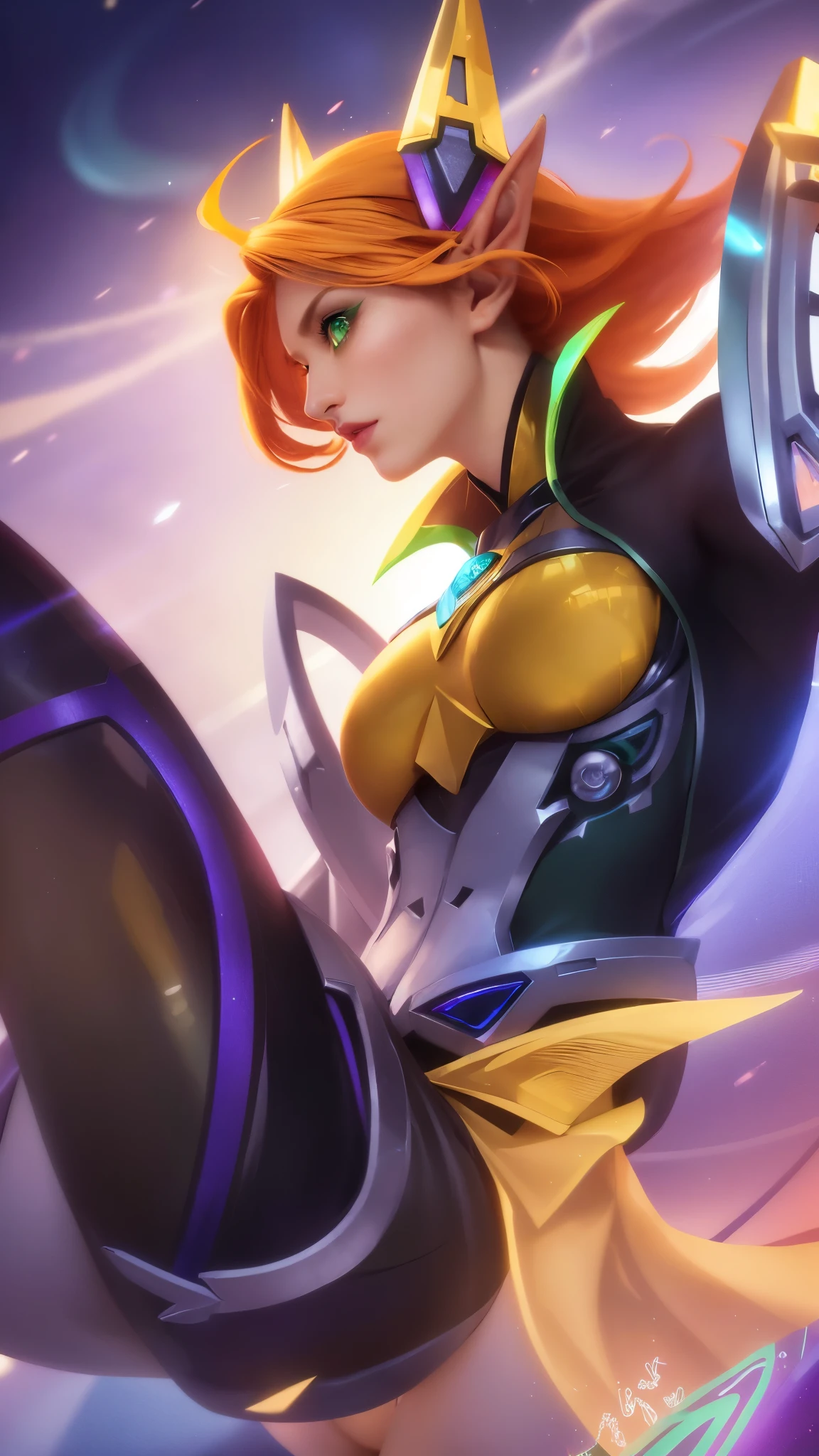 (female:1.2), 8k, ultra hd, ultra detailed texture, hyper realistic, masterpiece, detailed texture, detailed face, detailed skin, detailed lighting, (photorealistic:1.5), best quality, beautiful lighting, cinematic lighting, professional lighting, ultra highres, realistic, detailed hair, real hair, high quality, (realskin:1.5), extremely detailed, finely detail, ultra-detailed, 1girl, solo, elf, pointy ears, headgear, floating, (green eyes:1.5), lips, parted lips, white skin, nose, pretty, beautiful, make up, short hair, orange hair, large breasts, thigh, ass, pauldrons, gloves, bodysuit, Long sleeve, high collar, armor shoulder, eudora \(mobile legends\), from behind, depth of field, looking aways, projectile, aurora, galaxy, skin tight, amazing pose, glowing, blurry background, elf ear