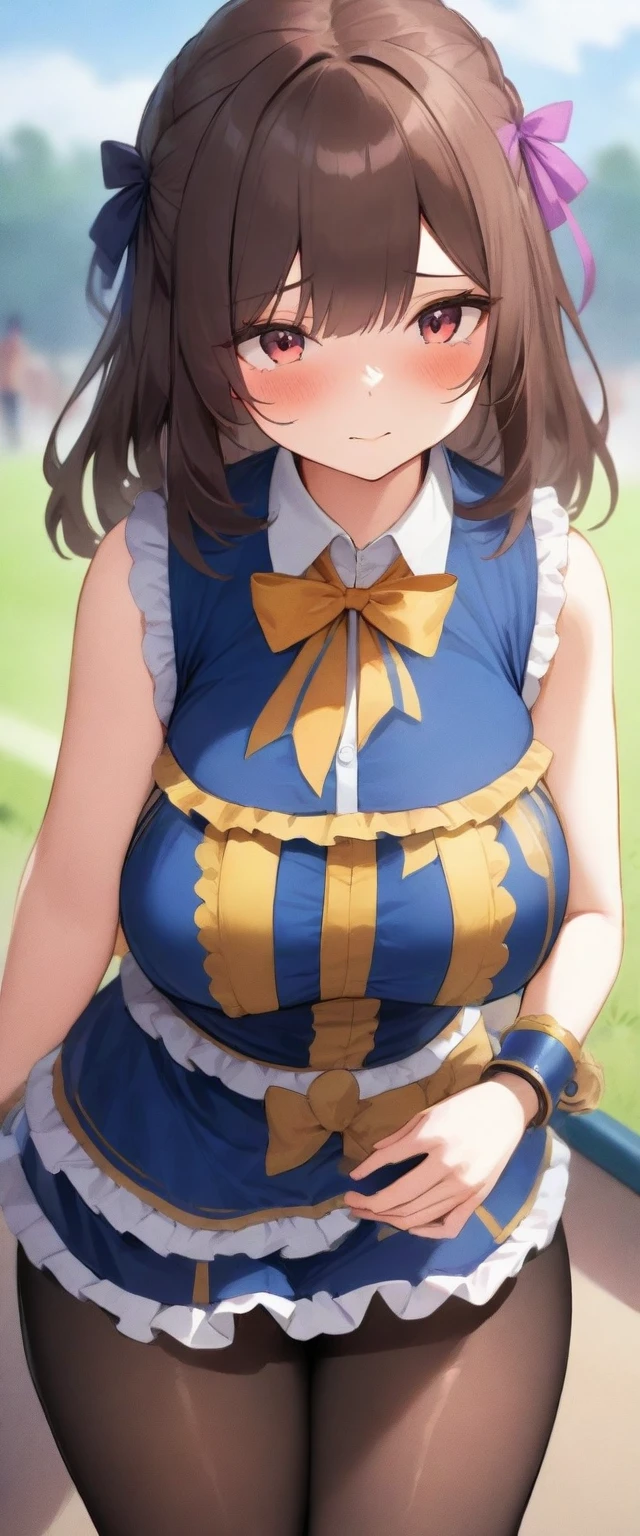 masterpiece, best quality, very aesthetic, absurdres, idle, (school festival frilled costume:1.3),(mini skirt:1.3), zettai ryouiki, bow tie, hair ribbon, big breast,
(button gap:0.3), sleeveless, cuffs, tights
