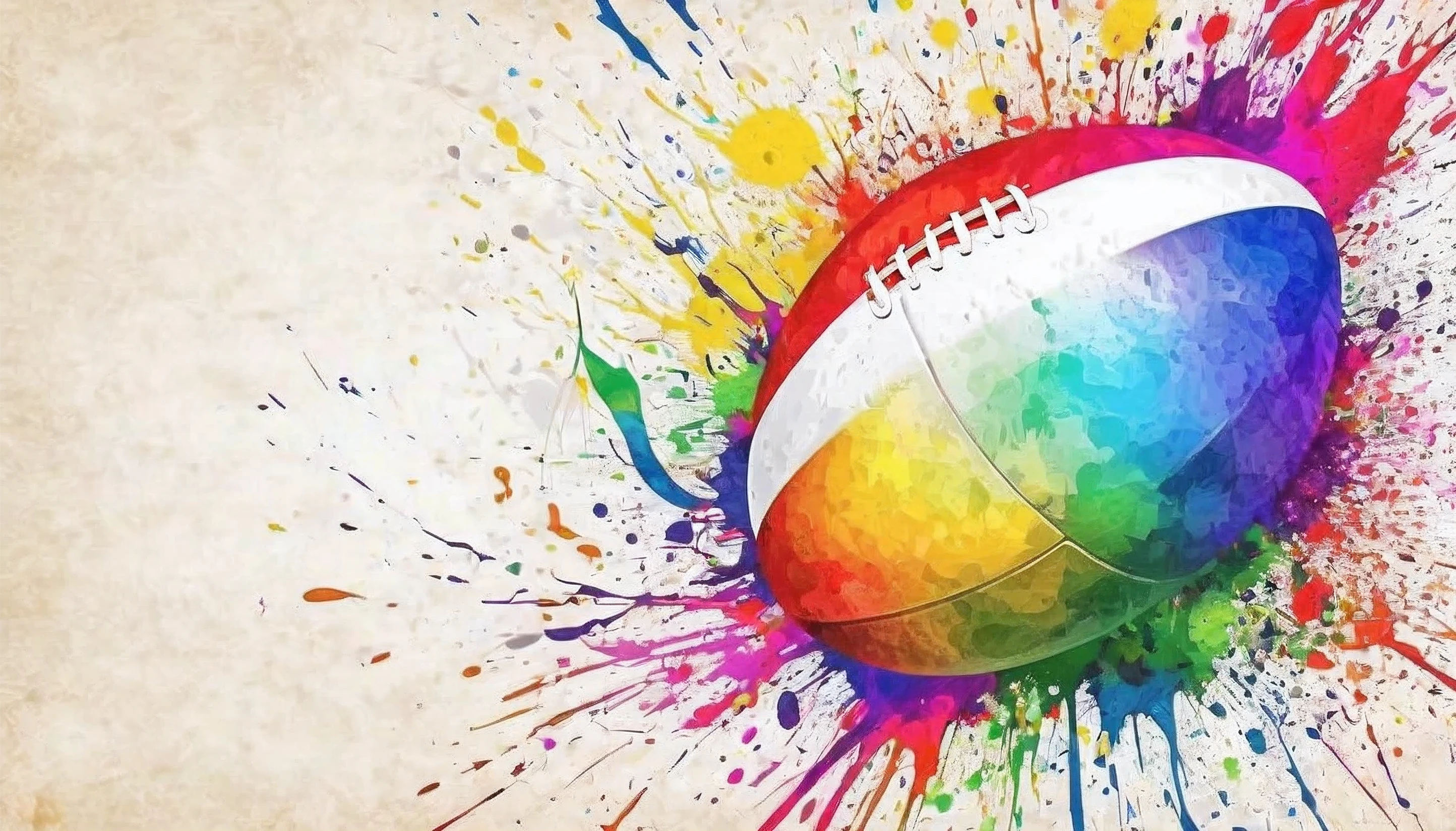 Ensure sufficient margin,bright hues,rugby ball ,beautiful oval shape,watercolor painting style, There is white space,splash of color, the best ever, colour splash, * colour splash *, colorful watercolor painting, watercolor detailed art, water color splash, colourful artwork, colorful scene, colourful explosion, colorful splatters, digital artwork, vibrant watercolor painting, color explosion, artistic illustration