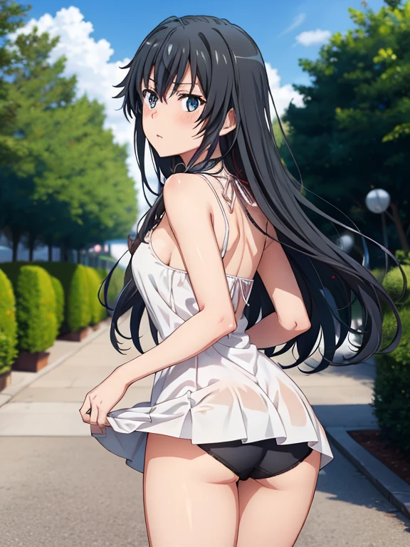 ((masutepiece, Best Quality, hight resolution, nffsw, Perfect Pixel, depth of fields, 4K, )), 1girl in, Solo, , Beautiful anime girl, Beautiful Art Style,
running:1.3, garden background, Looking back,
Perfect body, serious face, lift skirt, show panties:1.3, white dress:1.2
yukinoshita yukino, black hair, long hair, medium breasts, Full face blush,
straight-on:1.4