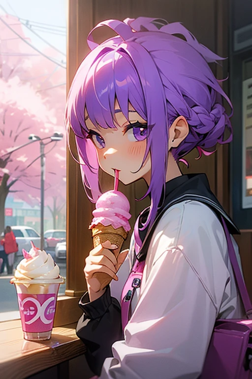 inner color purple hairstyle、cute girl、eat ice cream、Cafe、Cherry Blossom、punk