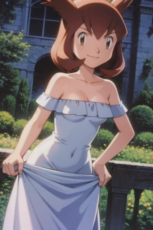 pokemovies, sugimori ken, ken sugimori ken \(style\), masterpiece, best quality, anime screencap, ultra-detailed, illustration, beautiful detailed eyes, very detailed illustration, cinematic lighting, 1 girl, solo, Pokemon Heroes (Bianca), Brown Hair, brown eyes, 1 girl, solo, bare shoulders, strapless, soft skin, smile, Light Blue Dress, Strapless Light Blue Dress, Ruffle Off-the-Shoulder Top, Light blue maxi skirt,masterpiece, best illustration, very high resolution, garden background. ultra-detailed, hdr, far at the bottom, in the center, 
