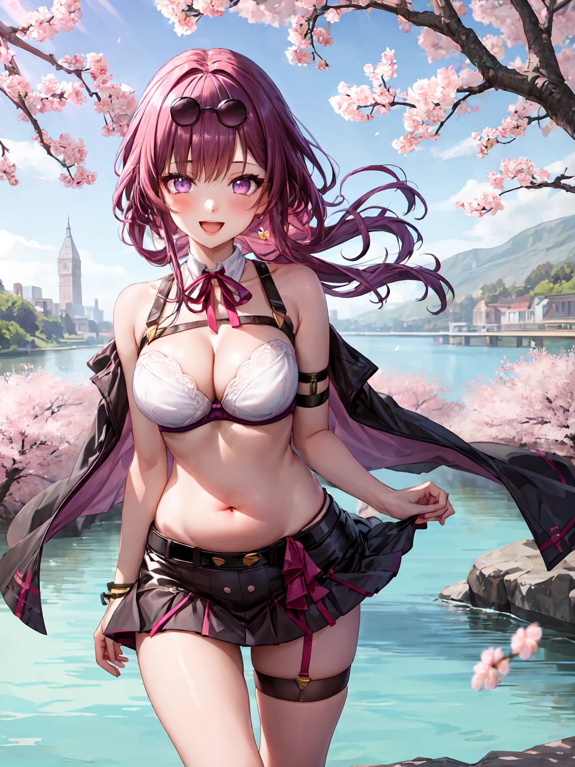 Masterpiece ,best quality , high resolution , ultra detail , colorful , soft light , mild light , sunlight , shinny , (perfect fingers , Detailed fingers, perfect hands) , (1 girl solo:1.38) , (sunglasses, eyeweard on head, purple hair, purple eyes ,neck-ribbon , hairband) , (navel , belly , narrow waistline , miniskirt:1.3 , belt) , arms behind back, armband, thigh strap, ) , (cleavage:1.3) , (medium breast:1.3) (outdoor , cherry blossom , river , tree , cherry flower , cherry flower , strong wind) , ( full face blush , shy , smile , open mouth) , (middle length shot:1.2 , knee_up-shot , close view , near shot) , (face viewer , look at the viewer)