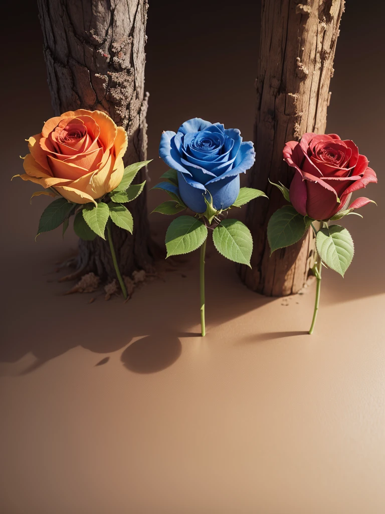 Three roses, three roses in tree, red rose, blue rose, orange rose, dark background, high resolution, high quality, blue roses, 32k, high resolution