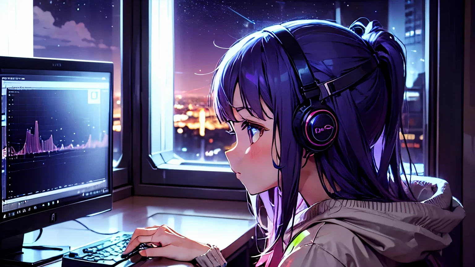anime girl in a room, sitting in a gaming chair, looking at a computer lofi , night, stars, neon city, windows, lights, glow, music