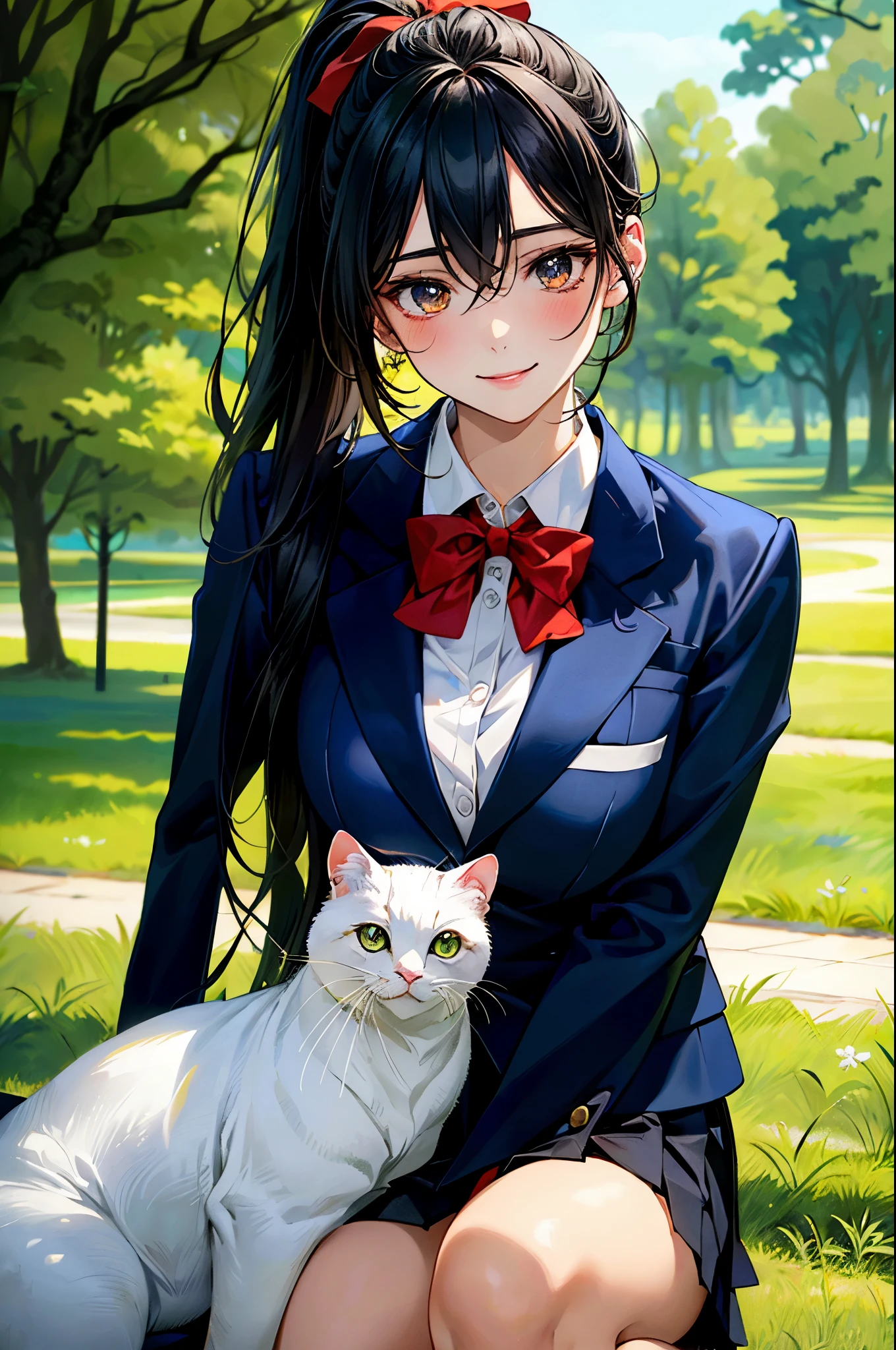 (masterpiece:1.3, top-quality, ultra high res, ultra detailed), (realistic, photorealistic:1.4), beautiful illustration, perfect lighting, natural lighting, colorful, depth of fields,
beautiful detailed hair, beautiful detailed face, beautiful detailed eyes, beautiful clavicle, beautiful body, beautiful chest, beautiful thigh, beautiful legs, beautiful fingers,
looking at viewer, 1 girl, high school girl, perfect face, (perfect anatomy, anatomically correct), cute and symmetrical face, babyface, , shiny skin,
(long hair:1.5, ponytail:1.5, black hair), hair between eyes, dark green eyes, drooping eyes, big eyes, long eye lasher, (medium breasts), slender,
(((navy blazer, close blazer), collared white shirt, navy pleated skirt, red bow tie), ), navy school socks,
(beautiful scenery), evening, (park, sitting on the branches of a large tree, (white cat)), , (happy smile),