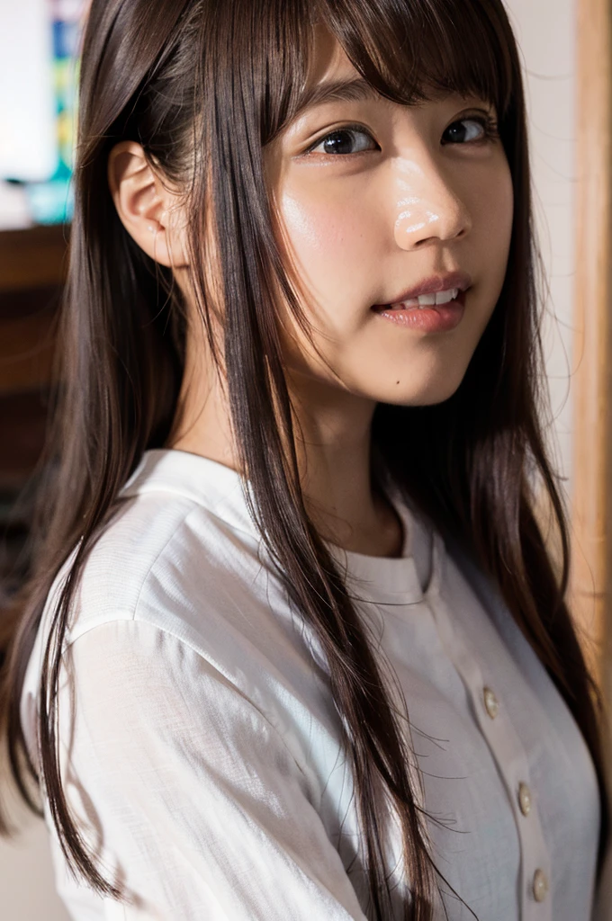 (8K, Raw photo, highest quality, masterpiece:1.2), (realistic, photo-realistic:1.37), Super detailed, ultra high resolution,1 girl,looking at the viewer,beautiful and detailed face,smile,narrow,(slim waist:1.3),shirt, Beautiful and smooth skin, skin texture, floating hair,professional lighting、big breasts、下着が見える透けるshirt、Upper body、