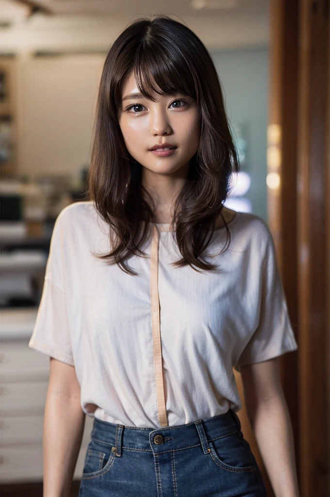 (8K, Raw photo, highest quality, masterpiece:1.2), (realistic, photo-realistic:1.37), Super detailed, ultra high resolution,1 girl,looking at the viewer,beautiful and detailed face,smile,narrow,(slim waist:1.3),shirt, Beautiful and smooth skin, skin texture, floating hair,professional lighting、big breasts、下着が見える透けるshirt、Upper body、