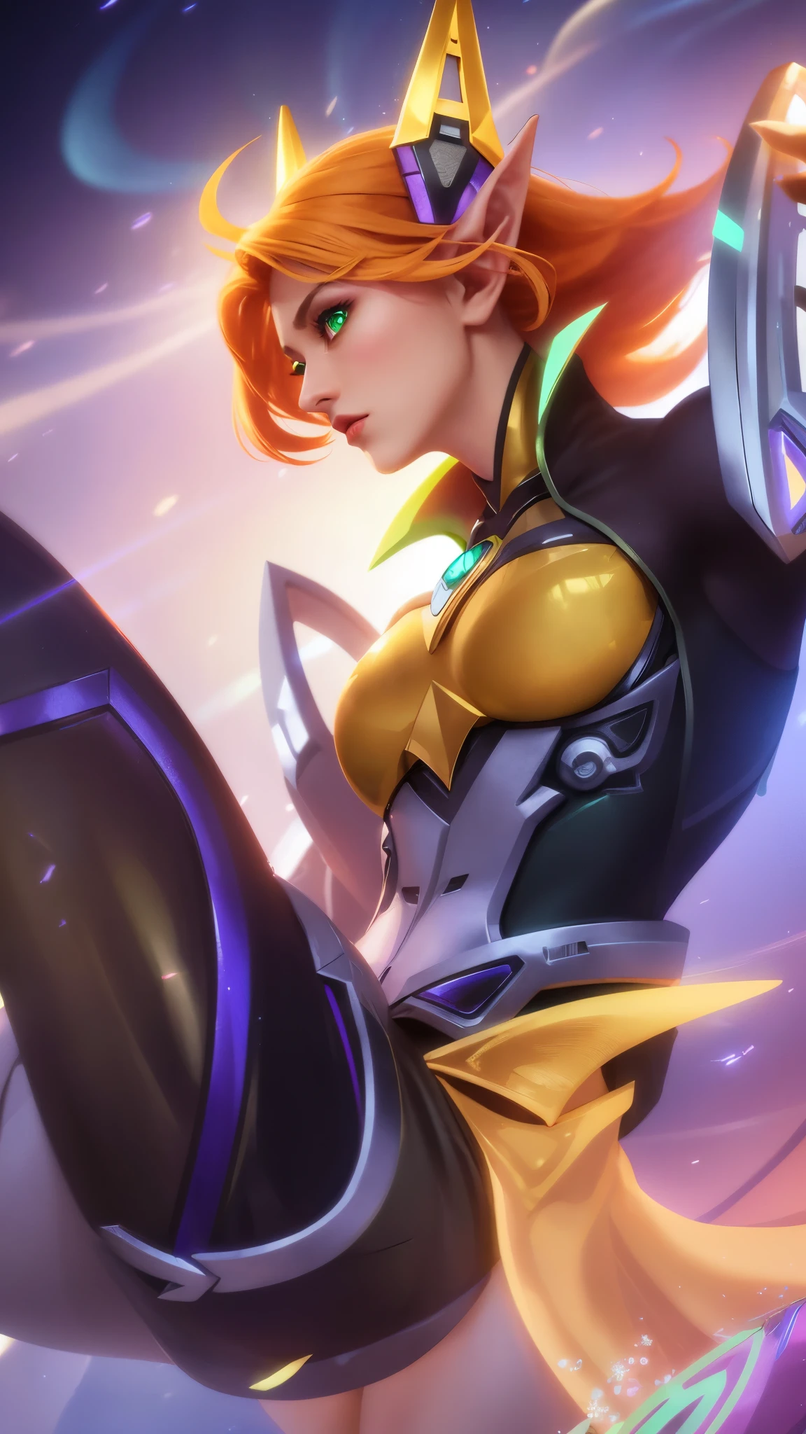 (female:1.2), 8k, ultra hd, ultra detailed texture, hyper realistic, masterpiece, detailed texture, detailed face, detailed skin, detailed lighting, (photorealistic:1.5), best quality, beautiful lighting, cinematic lighting, professional lighting, ultra highres, realistic, detailed hair, real hair, high quality, (realskin:1.5), extremely detailed, finely detail, ultra-detailed, 1girl, solo, elf, pointy ears, headgear, floating, (green eyes:1.5), lips, parted lips, white skin, nose, pretty, beautiful, make up, short hair, orange hair, large breasts, thigh, ass, pauldrons, gloves, bodysuit, Long sleeve, high collar, armor shoulder, eudora \(mobile legends\), from behind, depth of field, looking aways, projectile, aurora, galaxy, skin tight, amazing pose, glowing, blurry background, elf ear