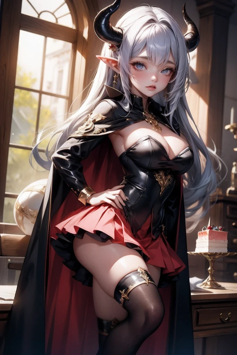 Cute Girl, masterpiece, best quality,, GBFthalatha, black gloves, black thighhighs, cape, draph, grey hair, horns, large breasts, long hair, pointy ears, miniskirt, red skirt,, indoor, cake, happy, closed eyes