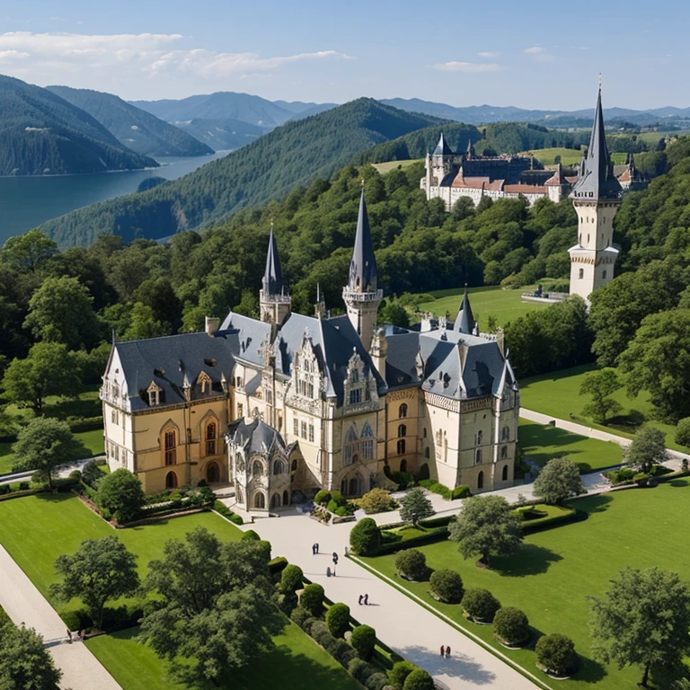 A grand castle with multiple spires and towers