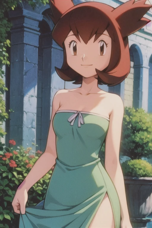 pokemovies, sugimori ken, ken sugimori ken \(style\), masterpiece, best quality, anime screencap, ultra-detailed, illustration, beautiful detailed eyes, very detailed illustration, cinematic lighting, 1 girl, solo, Pokemon Heroes (Bianca), Brown Hair, brown eyes, 1 girl, solo, bare shoulders, strapless, soft skin, smile, Light Blue Dress, Strapless Light Blue Dress, Ruffle Off-the-Shoulder Top, Light blue maxi skirt,masterpiece, best illustration, very high resolution, garden background. ultra-detailed, hdr, far at the bottom, in the center,