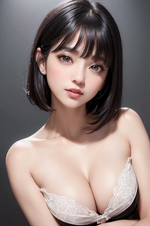 (table top, highest quality、ultra high resolution、face focus focus、focus on the sides、very attractive beauty、Add intense highlights to your eyes、look closely at the camera:1.4、Absolutely beautiful bangs:1.4、前髪のあるブルネットのshort hair:1.4),1 girl, Report, black haired, realistic, looking at the viewer, pale black eyes, short hair, lips, lip gloss, Upper body、Big eyes、eyelash)、((natural background、hyper real stick:1.4))、((short hair with bangs:1.4、Beautiful bangs with 46 points:1.4、, cleavage:2、Big eyes、Give your students very powerful highlights、look at the audience、very beautiful beauty、show me your ears、beautiful long neck、beautiful decollete、smile、A smilee beautiful teeth、Open your mouth and smilee))、18-year-old、very cute super model、perfect anatomy