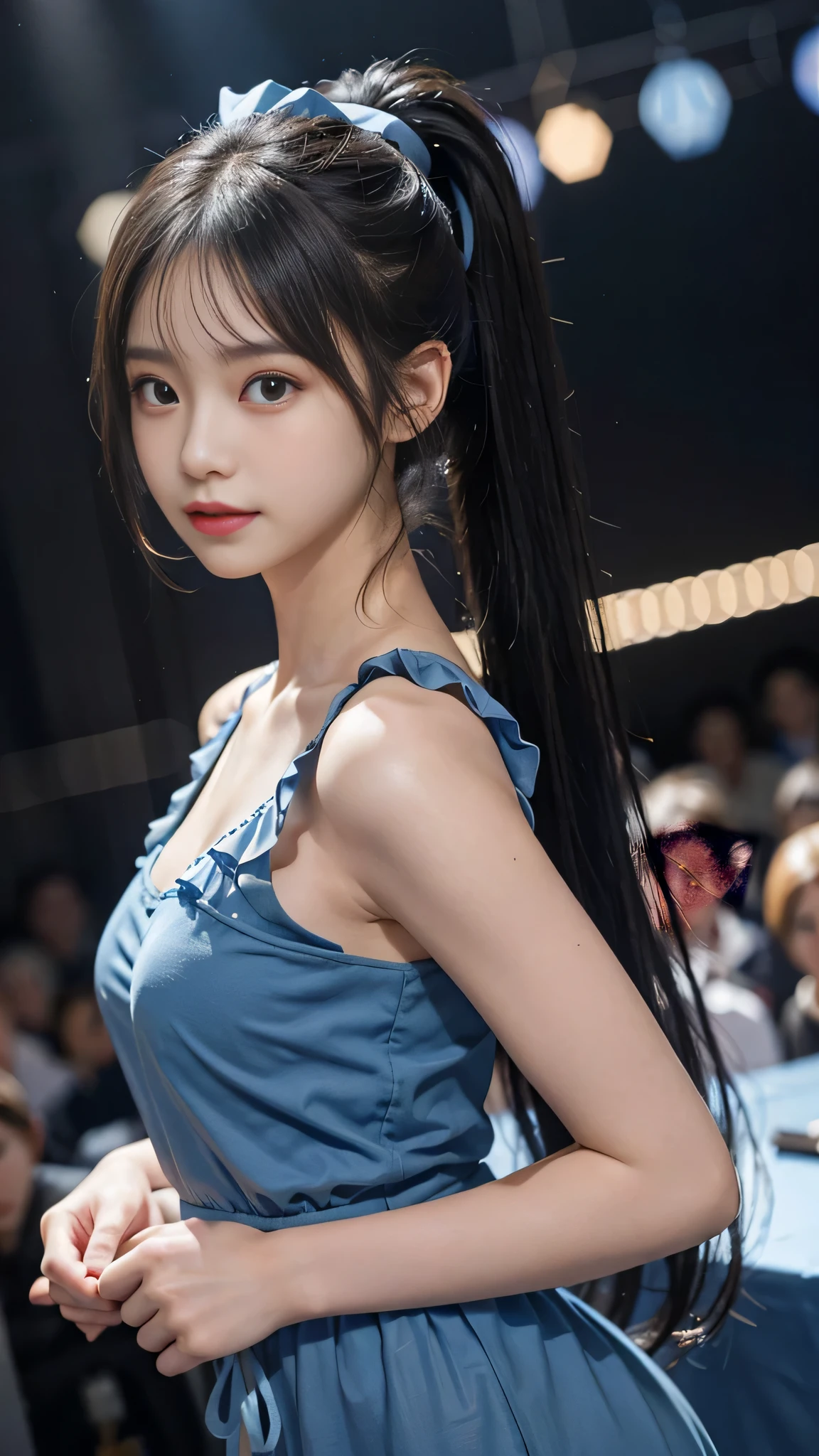 not showing one's feet,standing on stage singing,Blue colored long dress with lots of ruffles,One woman,masutepiece, The highest image quality, High quality, the background is clear,Beautiful woman, Japanese, Detailed, Detailed eyes, Detailed skin, Beautiful skin, 超hight resolution, (reality: 1.4),Very beautiful woman, Slightly younger face, Beautiful skin, slender, (Ultra photo realsisim), (hight resolution), (8K), (Very detailed) (beautifully detailed eyes), (super detailed), (Detailed face), view the viewer, Fine details, Detailed face, Staring straight ahead, Staring straight ahead, photos realistic, Bright lighting, Professional Lighting, Black hair,poneyTail,a baby face,fifteen years old,Hairstyle is ponytail,long ponytail hairstyle,slight smile,neat and tidy clothing,Beautiful Japanese KPOP idol photo, hair style is ponytail, my eyes are double and wide, baby face, smile and look straight ahead, slender, small breasts,close up face,Blue ribbon on head,