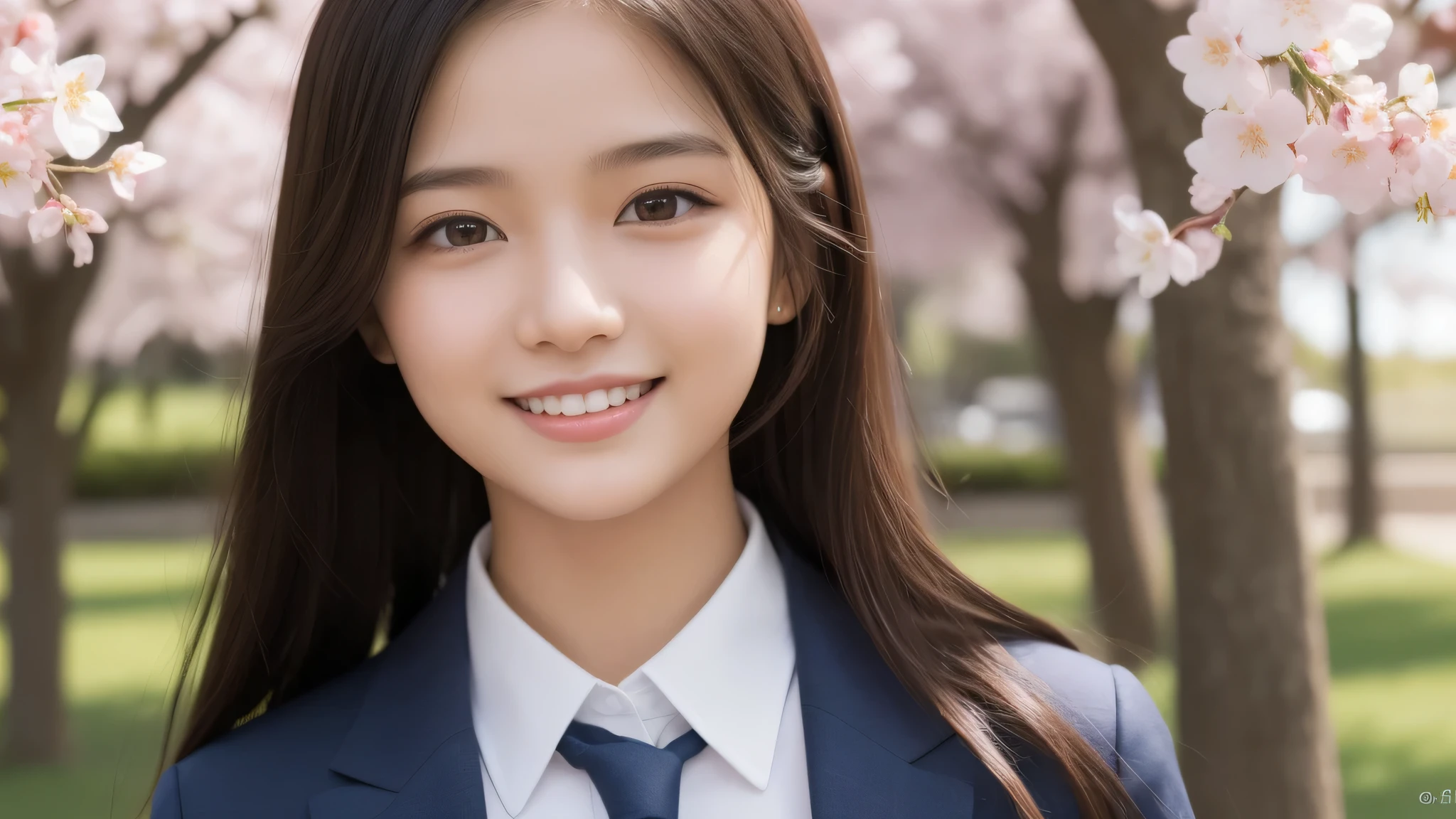 (1girl), (17yo), (young face:1.2), shy smile, (Best Quality:1.4), (Ultra-detailed), (extremely detailed beautiful face), Amazing face and eyes, brown eyes, (highly detailed Beautiful face), (high school uniform:1.2), (extremely detailed CG unified 8k wallpaper), Highly detailed, High-definition raw color photos, Professional Photography, Realistic portrait, Extremely high resolution, cute smiling, Cherry blossom trees,