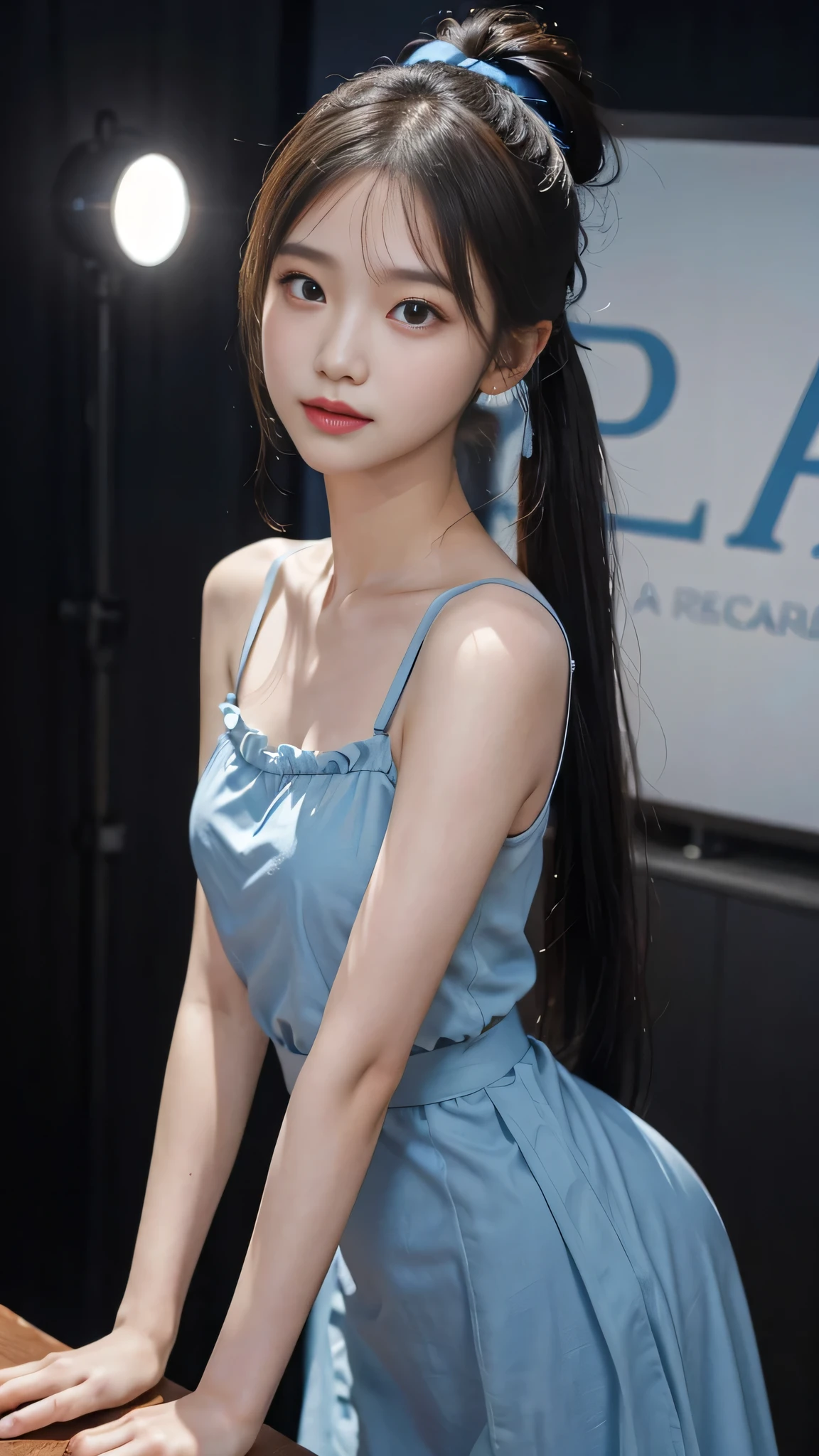 A woman in a blue dress posing for a picture - SeaArt AI