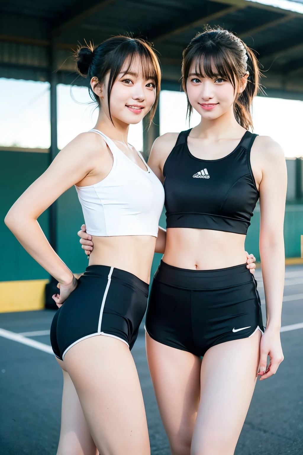 two girls at the track and field,wearing a track and field uniform、sports bra、beautiful butt、bloomers、Plump round butt,compression shorts,18-year-old,bangs,a little smile,thighs,knees,short cut hair,low ponytail,from below,front light、big breastoriman