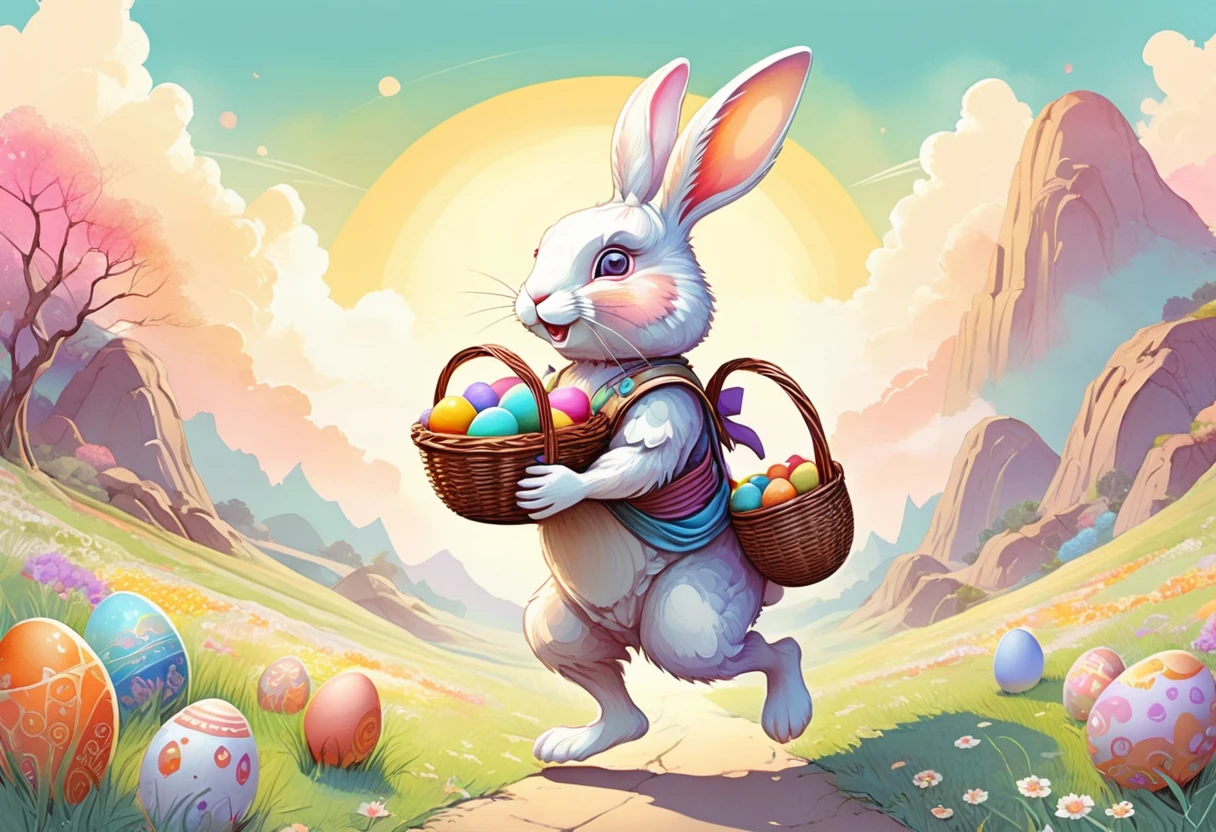 Anthropomorphic Easter bunny, carrying a basket filled with multicolored eggs, in the style of Zen anime art, vector illustration in two dimensions, simplicity of pastel hues, whimsical, dream-like aura, flat design strategy, main focus on the subject, intricate detailing, increased saturation, set amidst a captivating background, trending illustration format on ArtStation, by Greg Rutkowski, masterful watercolor treatment