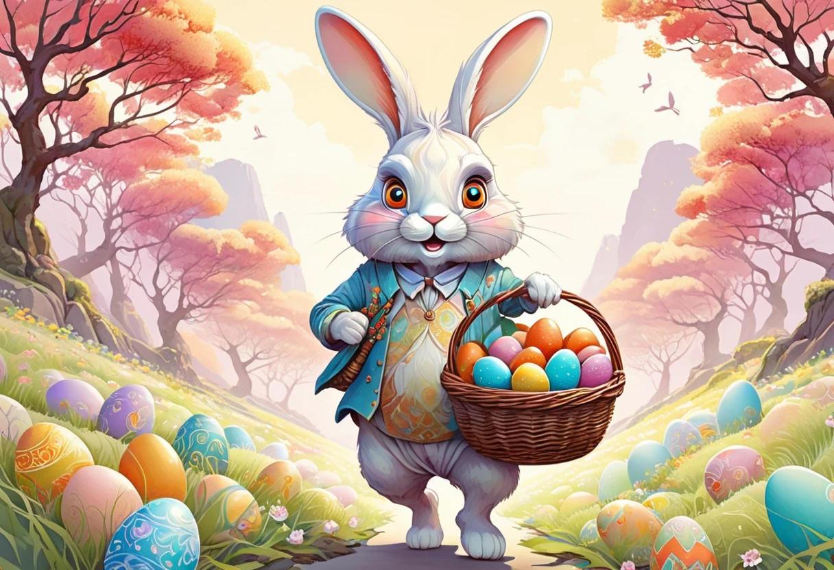 Anthropomorphic Easter bunny, carrying a basket filled with multicolored eggs, in the style of Zen anime art, vector illustration in two dimensions, simplicity of pastel hues, whimsical, dream-like aura, flat design strategy, main focus on the subject, intricate detailing, increased saturation, set amidst a captivating background, trending illustration format on ArtStation, by Greg Rutkowski, masterful watercolor treatment