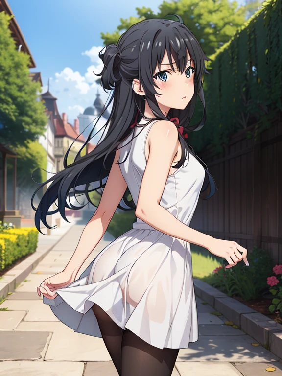 ((masutepiece, Best Quality, hight resolution, nffsw, Perfect Pixel, depth of fields, 4K, )), 1girl in, Solo, , Beautiful anime girl, Beautiful Art Style, 
running:1.3, garden background, Looking back,
Perfect body, serious face, lift skirt, black pantyhose, white long dress:1.2

yukinoshita yukino, black hair, long hair, medium breasts, Full face blush, 
straight-on:1.4