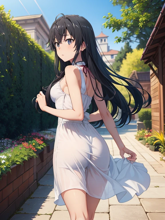 ((masutepiece, Best Quality, hight resolution, nffsw, Perfect Pixel, depth of fields, 4K, )), 1girl in, Solo, , Beautiful anime girl, Beautiful Art Style, 
running:1.3, garden background, Looking back,
Perfect body, serious face, lift skirt, black pantyhose, white long dress:1.2

yukinoshita yukino, black hair, long hair, medium breasts, Full face blush, 
straight-on:1.4