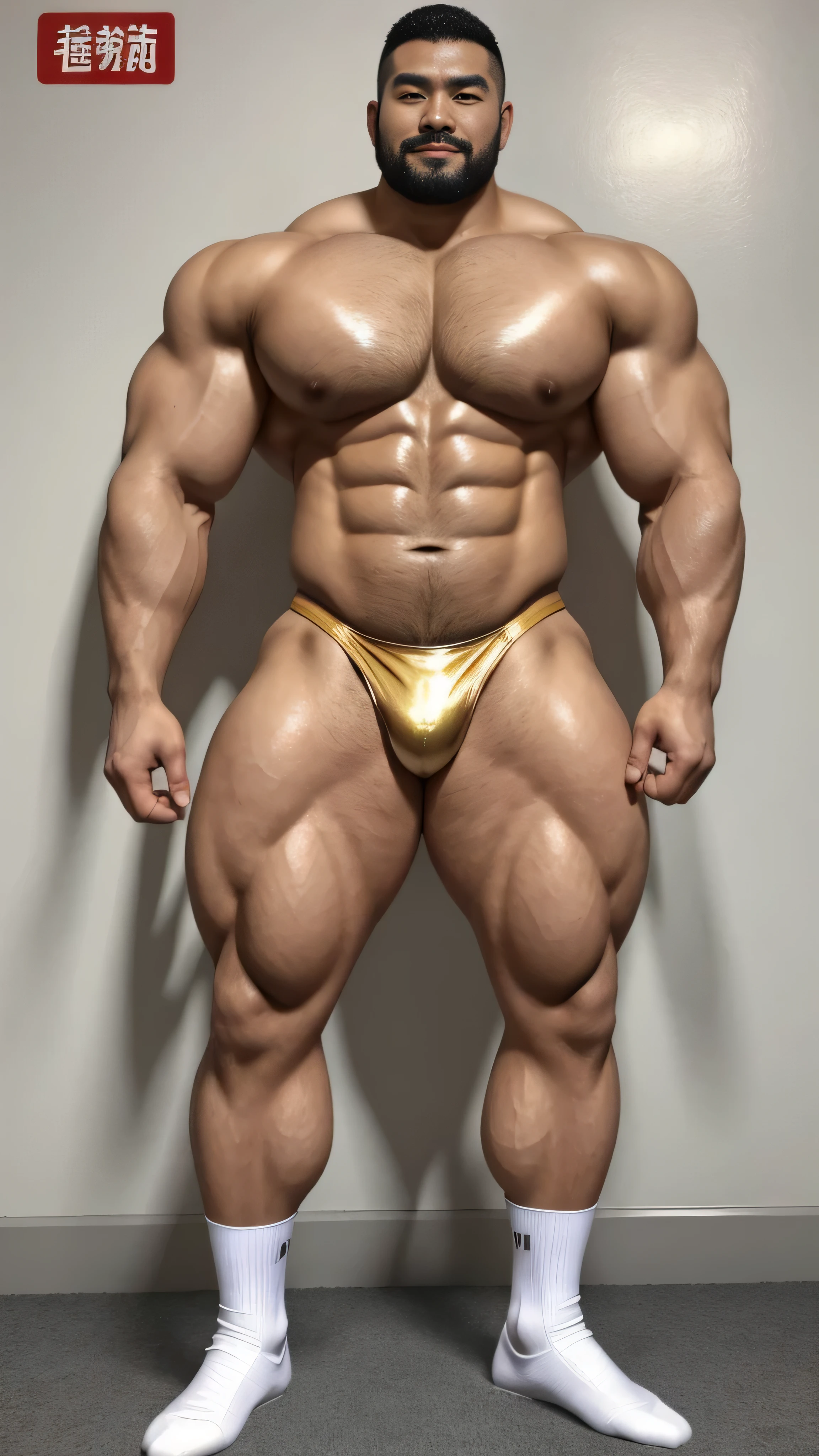 a chinese bodybuilder,30 years old,Tall and handsome, toned body,short hair, O-shaped beard,Perfect body, Dark and shiny complexion,smooth skin,The body is hairless,Muscle bulge, muscular, Very big pecs,Very sexy abs,Leg muscles are very developed,Huge bumpy area,Brighten oily skin,Wearing a gold leather shiny thong,Handsome face, Correct and accurate male body proportions, full-body shot, shiny muscular skin,wear white socks,standing in front of gray background board,Ultra-high-definition 4K picture quality。