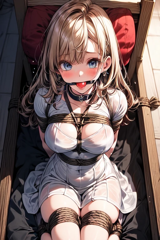 Shiny blond hair, loose hair, very long hair, sophisticated haircut, thin and oval face, very sexy and sophisticated transparent red dress, thighhigh stockings, embarrassed, submissive, nervous smile, cute and blushing 18 years old anime girl, look away because she is embarrassed and blushes, bright blue eyes, detailed face, detailed members, detailed arms, detailed hands, ((((sparkling diamond jewelry)))), tiara, ((makeup)), high heels, puffy sleeves, long gloves, long eyelashes, ((((shiny blue transparent dress)))), Girl lying, tied by ropes, shackled, can no longer move, tied tightly, very hard tied up with lots of ropes, hampered by so many ropes that she can no longer move, bound hands and feet, ropes tie his whole body, tied extremely tightly and forcefully to her bed by a lot of ropes, its limbs are strongly tied together by ropes, his torso is tied up with thick cords, her chest is so tied up with ropes that it sticks out, her legs are tied tightly with thick ropes, his hands are tied behind his back with ropes, she can no longer move her feet, her hands which are tied by thick ropes, she desperately tries to free herself, likes to be tied tight with big ropes, likes to be immobilized by big ropes, lying down, his hands and feet are strongly tied to the railing of his bed, his legs are pressed together and tied with ropes, its limbs are held vigorously by imposing ropes, her hands are tied securely behind her back by ropes, her chest is compressed by strong ropes, she is pressed against her bed and restrained by large ropes (shibari, arms behind the back:1.4), (hands on the back), (masterpiece, best quality) 1.5, 1girl, solo, (sexy, beautiful woman, perfect face, perfect eyes, perfect hands), samus aran, black leather dress, kneeling, (shibari, arms behind the back:1.4), (hands on the back), Spread the legs, s'lie in bed by big ropes