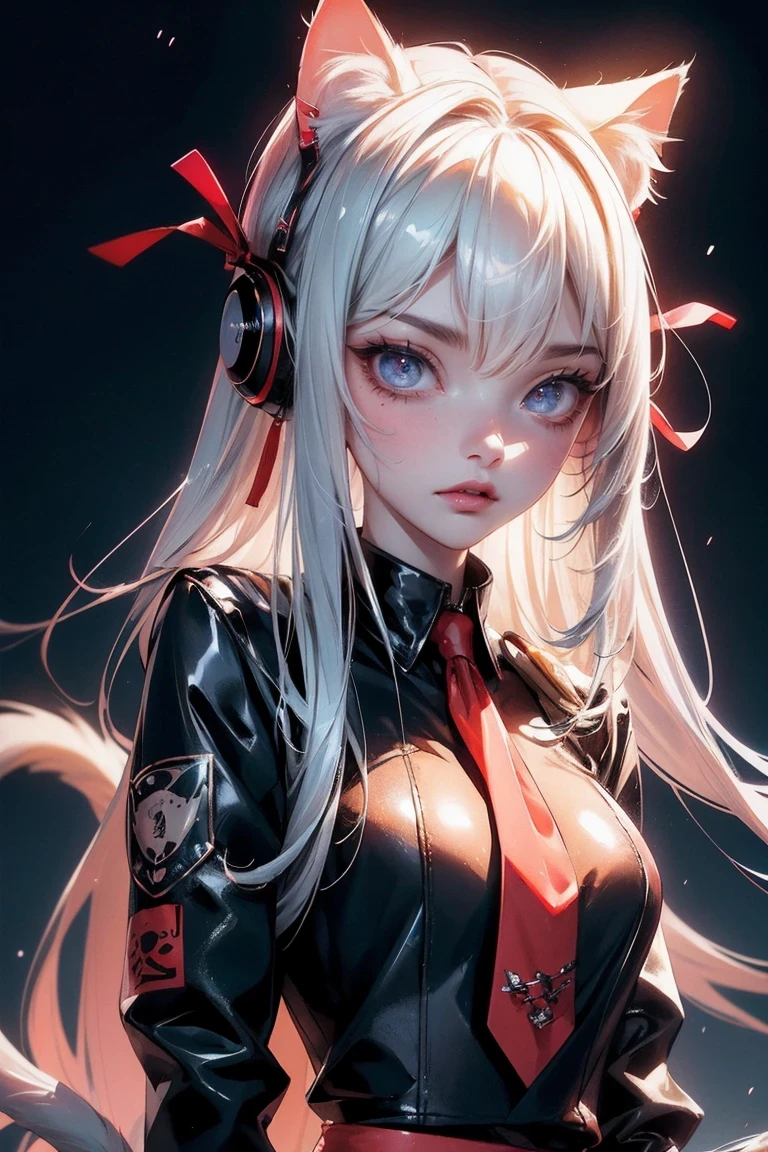 Cute Girl,(masterpiece:1.3), (8K、best quality:1.3), Highest image quality, intricate details, high resolution, depth field, Natural light, professional lighting, (1 girl), (solo), gravure, (Asian boyish 18 year old girl), (very beautiful:1.3), (very cute face:1.3), (Beautiful face with perfect symmetry), (high detail skin: 1.2), Photorealistic anime girl rendering, Realistic anime 3D style, beautiful platinum blonde hair, long hair, crossed bangs, asymmetrical bangs, eyelashes, intense red eyes, strong eye highlights, (awesome cat ears:1.3), (awesome cat tail:1.3), very big breasts, perfect ???????, ((red ribbon tie, Japan High School Uniforms, dark blue long sleeve jacket, white shirt, navy blue flared skirt, mini skirt)), ((Camera angle looking up from the front and slightly below)), decorative choker, (sophisticated headphones), (metallic bra), (Jump big:1.2), it's raining, my body gets wet from the rain, Decadent and futuristic urban area in the evening, (cyberpunk city), (futuristic car, flashing red light), (lightning is shining), (Flashing blue and purple neon tubes), volume lighting, soft light, Bright colors, watercolor painting, bright colors, Create digital artwork in pop art style