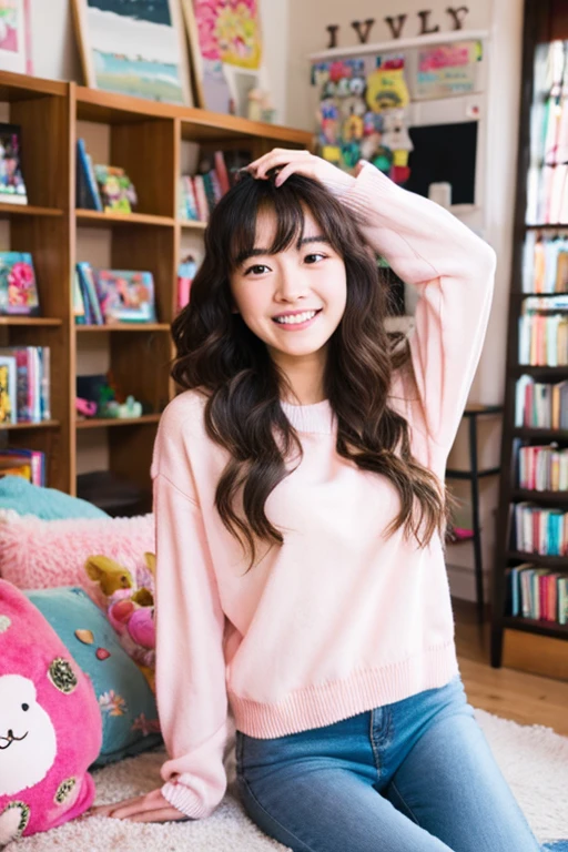 "18-year-old Yumiko is smiling brightly and energetically at the camera. She has lightly curled hair, giving her a neat appearance. The background features a bright, faint pink wallpaper, with cute stuffed animals and her favorite books lined up around her. Yumiko is dressed casually, wearing a stylish top and jeans. Her eyes are sparkling, as if she's thinking about something fun. Her room looks bright and cozy, and she herself looks very happy."