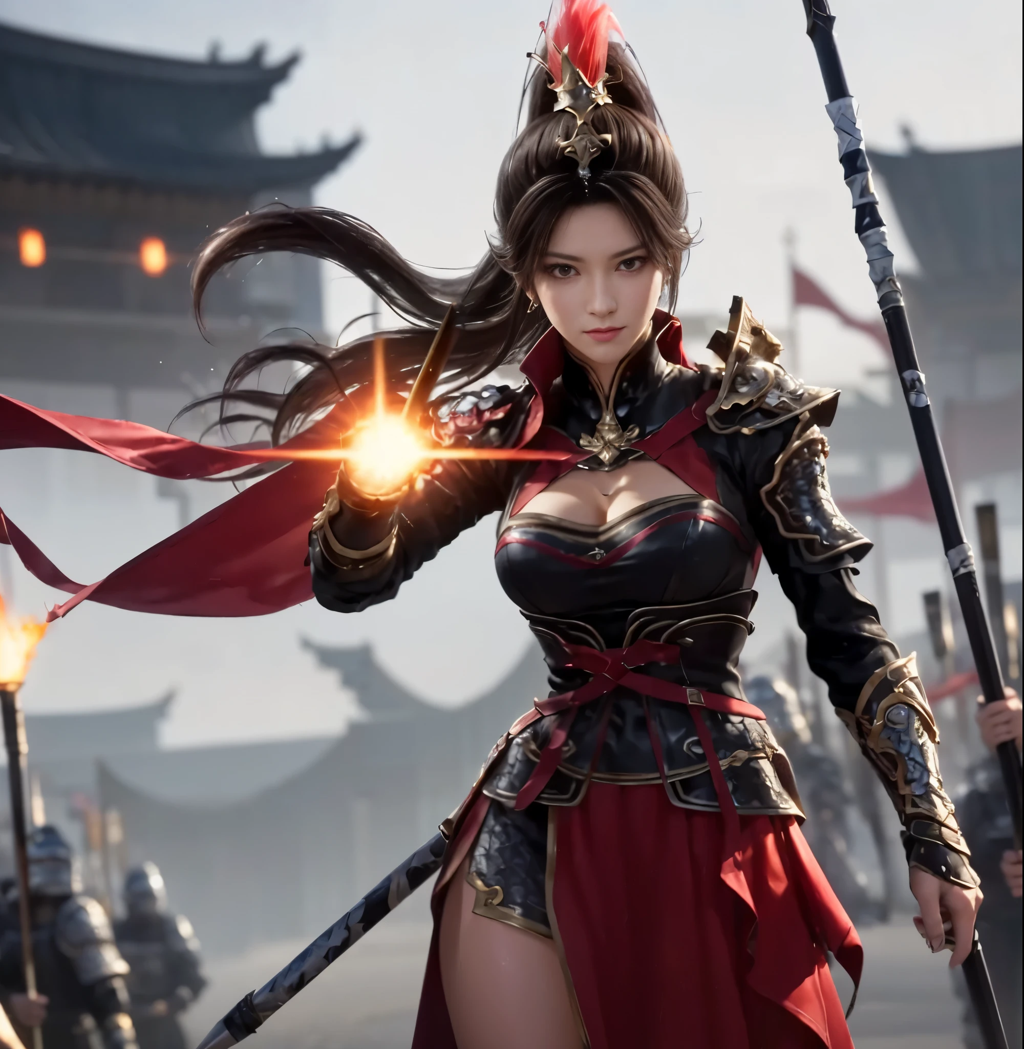 rows and buildings of Red flags, standing in front of a group of people in armor standing in the field against the background of flags, Red costume, Shoulder_armor, armor, armoRed dress, armoRed boots, Red_cape, High_collar, helmet on her head, (swinging a spear at the enemy and repelling), Keep_arms, spear, real, tHighs ,, Bangs, Black_hair, Brown_Eye, long_hair, turtleneck sweater, 1 girl, 20 years old, mature woman, fair fingers, fair long legs, fair body, fair nose, fair character design, perfect Eye, perfect Face, look at the audience, National Science Foundation, official art, Highly detailed CG Unity 8k wallpaper, perfect lighting, colorful, bright_front_Face_light, (masterpiece:1.0), (the best_quality:1.0), Ultra HD, 4K, Ultra-detailed, photography, 8K, high dynamic range, HD, absurd: 1.2, Kodak Portrait 400, film grain, blurred background, Bokeh: 1.2, lens flare, (energetic_color:1.2) (fair,big deal_breast:1.4), (fair_ Face:1.5),(narrow_waist),