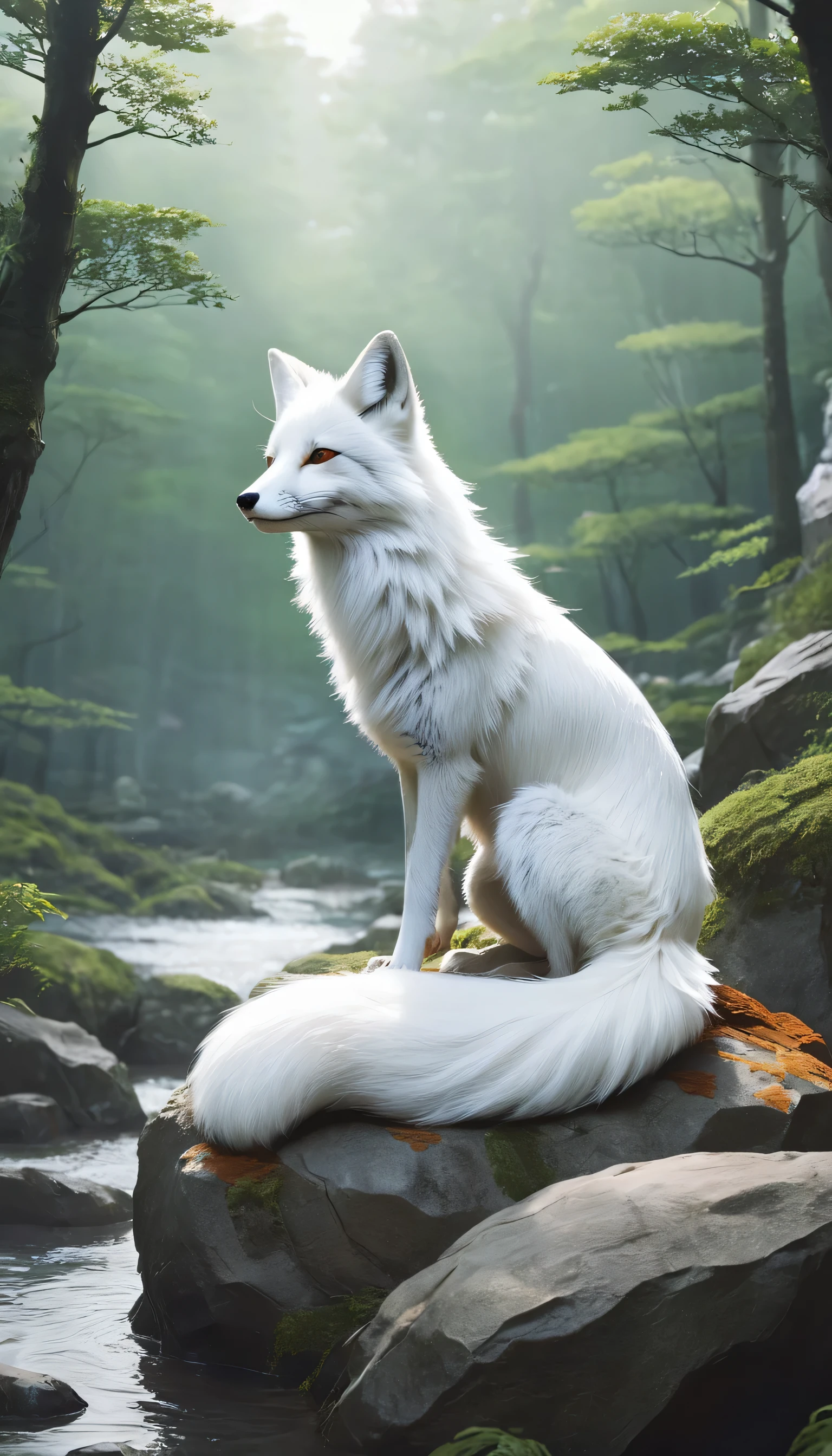 There was a white fox sitting on a rock in the middle of the forest, concept art inspired by Nōami, Pixiv Contest Winners, furry art, nine tails, Kyuubi, kitsune three-tailed fox, three-tailed fox, Water often, Ethereal Fox, white fox anime, White fur fox, Onmyoji Detailed Art