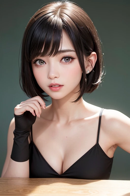 (table top, highest quality、ultra high resolution、face focus focus、focus on the sides、very attractive beauty、Add intense highlights to your eyes、look closely at the camera:1.4、Absolutely beautiful bangs:1.4、前髪のあるブルネットのshort hair:1.4),1 girl, Report, black haired, realistic, looking at the viewer, pale black eyes, short hair, lips, lip gloss, Upper body、Big eyes、eyelash)、((natural background、hyper real stick:1.4))、((short hair with bangs:1.4、Beautiful bangs with 46 points:1.4、, cleavage:2、Big eyes、Give your students very powerful highlights、look at the audience、very beautiful beauty、show me your ears、beautiful long neck、beautiful decollete、smile、A smilee　beautiful teeth、Open your mouth and smilee))、18-year-old、very cute super model、perfect anatomy