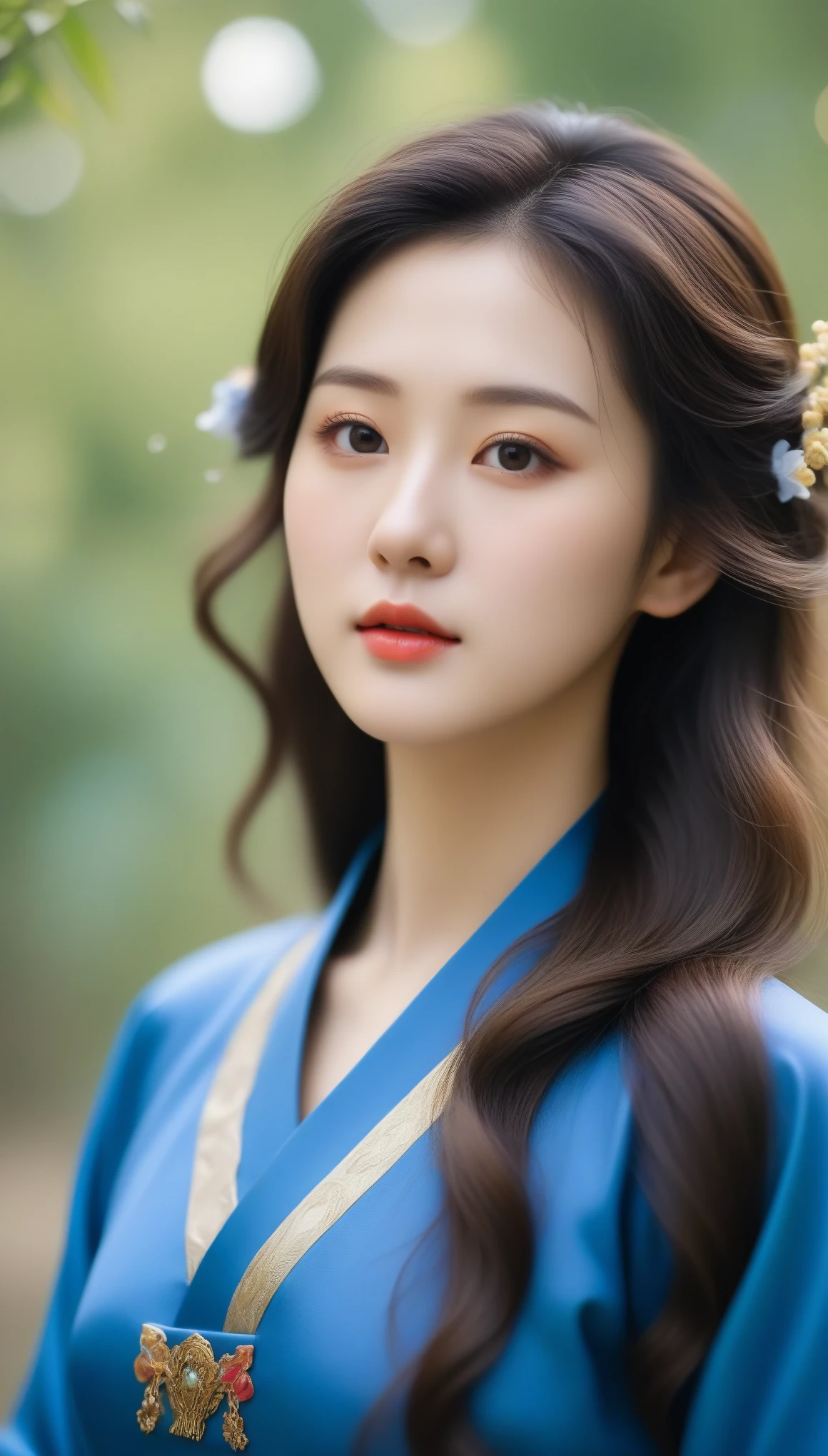 close-up of beautiful korean female, 34 inch breasts size, wavy hair, looking side, wearing blue chinese wuxia costume in willows forest, bokeh background, Polaroid photo, UHD