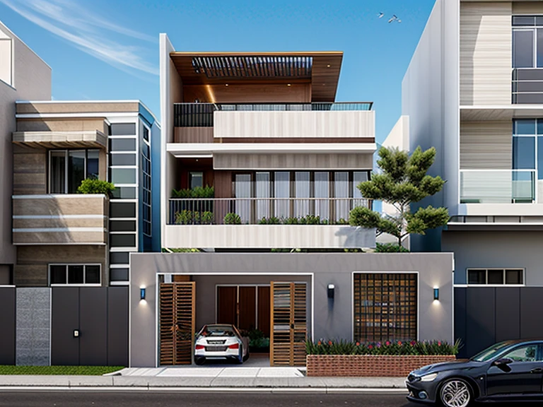 (masterpiece),(high quality), best quality, real,(realistic), super detailed, (full detail),(4k),8k,modern house exterior design,Modern architecture,Beautiful_sky,Day light, no_humans, outdoors,sky,tree,Garden flower front of building