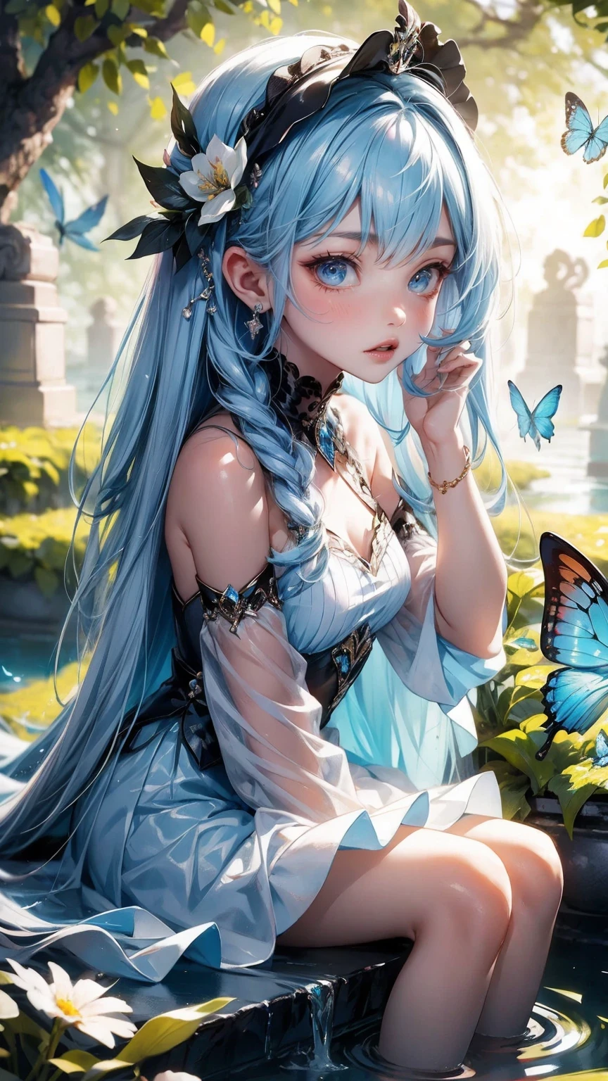 Top Quality, Photorealistic, 8K, High Definition, absurd res, high res, ultra sharp, masterpiece, (masterpiece), best quality, expressive eyes, perfect face, Super eyes, 1 girl, transparent water, blue butterfly, pure white gauze skirt, sparkling, smiling, water witch, familiar pet, vibrant forest, glowing skin, lot's of wildlife,