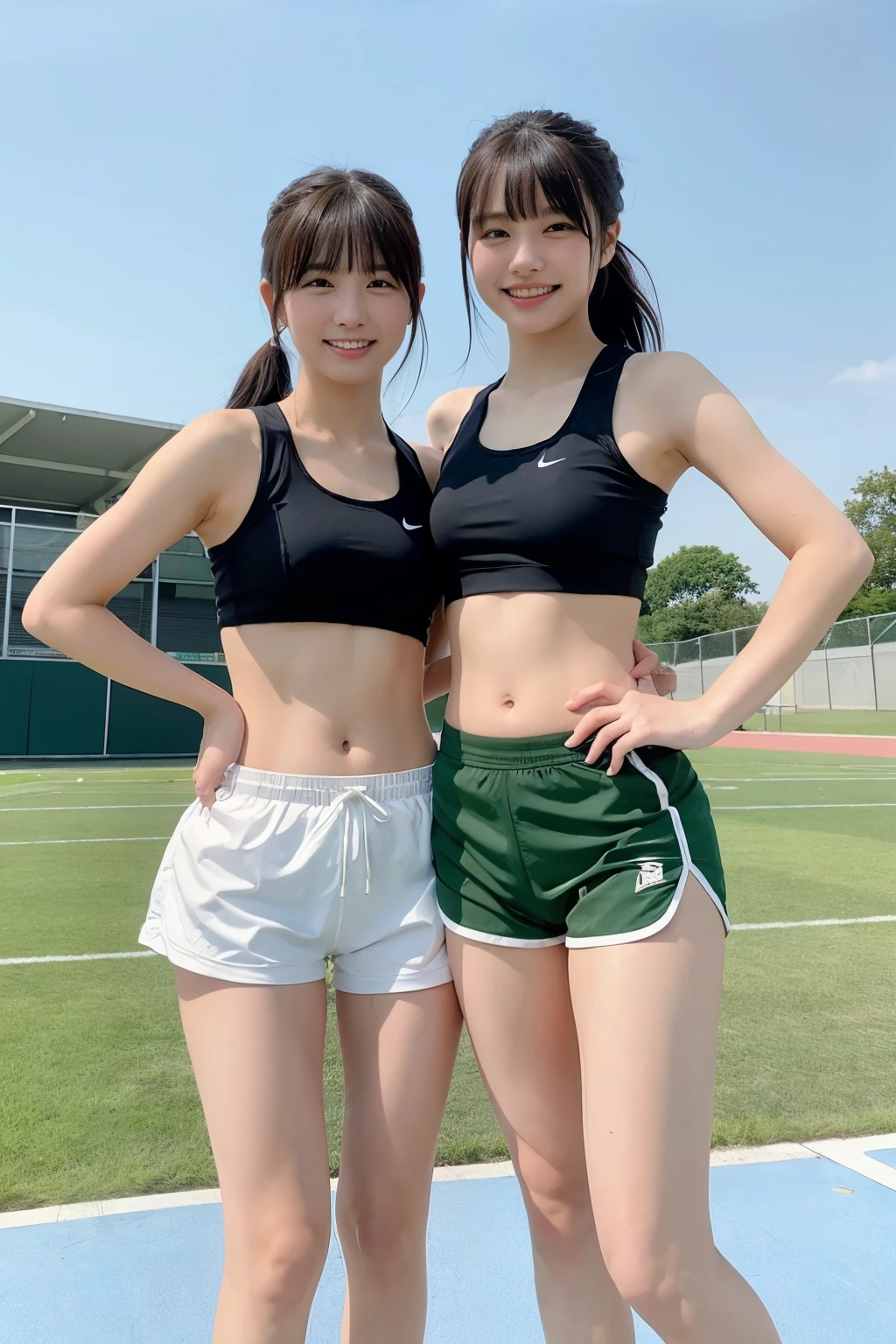 two girls at the track and field,wearing a track and field uniform、sports bra、beautiful butt、bloomers、Plump round butt,compression shorts,18-year-old,bangs,a little smile,thighs,knees,short cut hair,low ponytail,from below,front light、big breastoriman