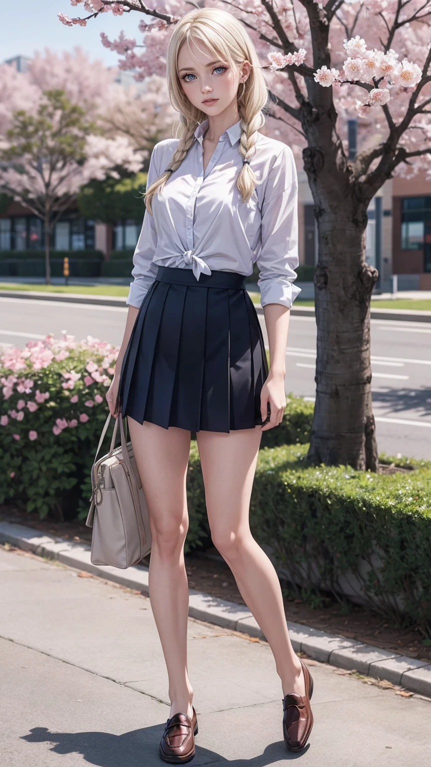 (8K, RAW photo, highest quality, masterpiece:1.2), (realistic, photo-realistic:1.37)、26 year old white woman、hair is platinum blonde、eye color is blue、long hair、I braid it lightly、Slender but well-proportioned muscular body、setting hair、I&#39;m punching my chest、accessories on the ankle、smile、I&#39;m wearing a hair band、wearing a tie front shirt、My abs are cracked、I can see my bellybutton、She is wearing a low-rise micro-mini length pleated skirt.、wearing stockings、白い靴下wear、loafers((loafer))wear、Have a student bag、I&#39;m on the row of cherry blossom trees I planted at school.、Cherry blossoms are in full bloom、smile、Entrance ceremony