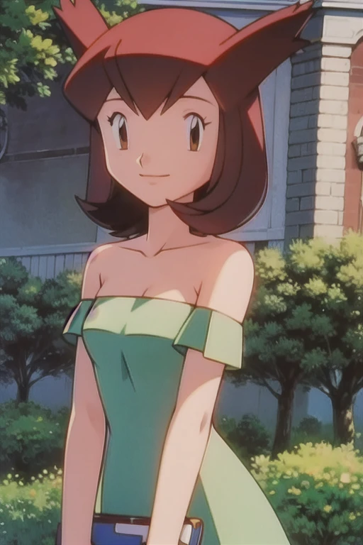 pokemovies, sugimori ken, ken sugimori ken \(style\), masterpiece, best quality, anime screencap, ultra-detailed, illustration, beautiful detailed eyes, very detailed illustration, cinematic lighting, 1 girl, solo, Pokemon Heroes (Bianca), Brown Hair, brown eyes, bare shoulders, sleeveless white dress, white camisole dress, soft skin, smile, very high resolution, garden background. ultra-detailed, hdr, cowboy shot, in the center, standing on a metal railing 
