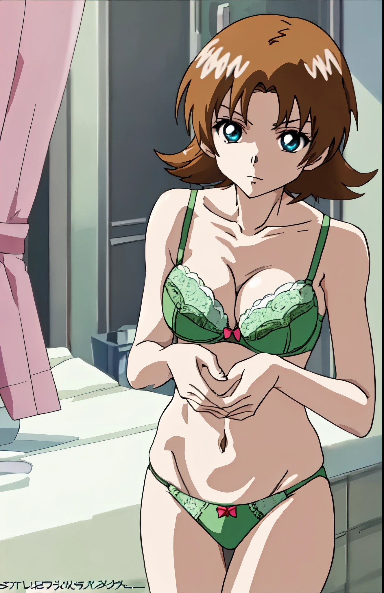 anime girl in a green bra with a pink bow and green panty、short brown hair girl、blue eyed girl、short wolf hair、seductive anime girl、clothing:green bra、green panties、anime moe art style、big breasts、girl with very big breasts、(anime girl)、attractive anime girl、naughty anime style、Beautiful charming anime 、Smooth anime CG art、indoor、cleavage、bra with an green、panty with an green、whole body、a girl is standing、digital anime art!!、female focus、perfect body、pretty anime girl、full body、anime best girl、solo、underwear only、Bra and panties only、8k!!、High resolution!!、