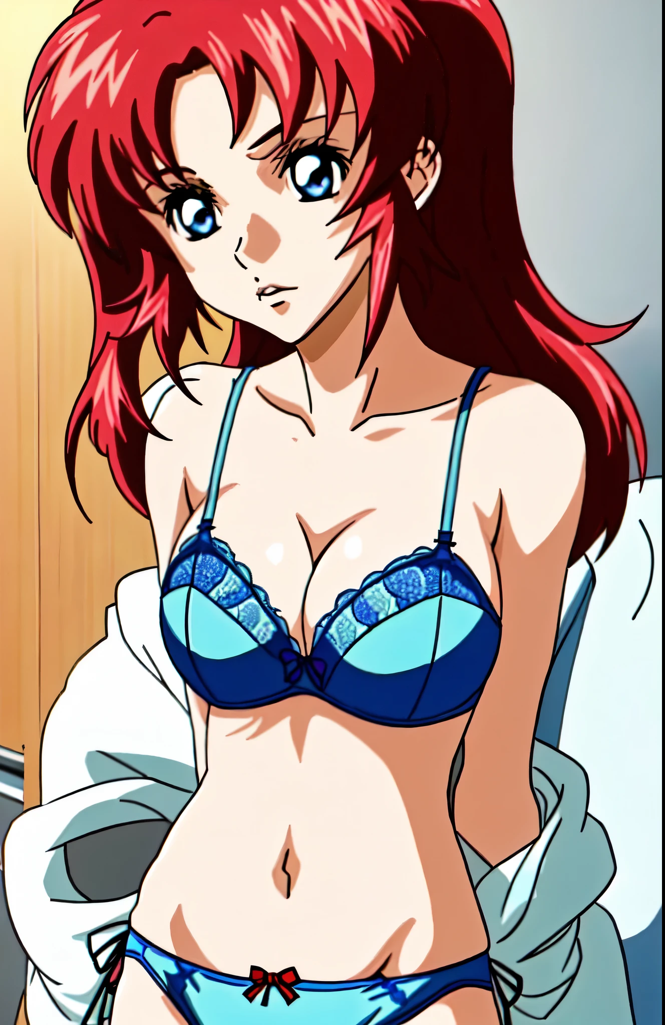 anime girl in a blue bra with a red bow and blue panty、Girl with long red hair、blue eyed girl、two side up hair、seductive anime girl、clothing:blue bra、blue panties、anime moe art style、big breasts、girl with very big breasts、(anime girl)、attractive anime girl、naughty anime style、Beautiful charming anime teen、Smooth anime CG art、indoor、cleavage、bra with an blue、panty with an blue、whole body、a girl is standing、digital anime art!!、female focus、perfect body、pretty anime girl、full body、anime best girl、solo、underwear only、Bra and panties only、8k!!、High resolution!!、