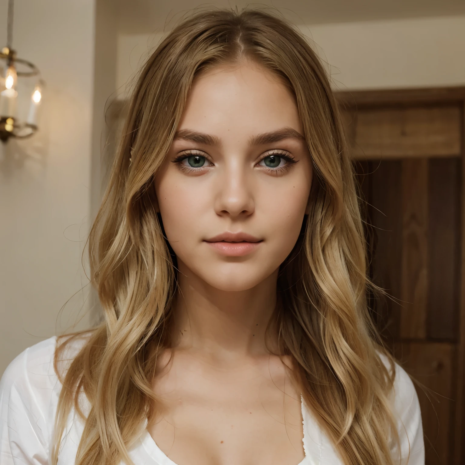 Create a beautiful girl with green eyes, blonde wavy hair ,oval face, plump lips, beautiful, good-looking, blonde long hair