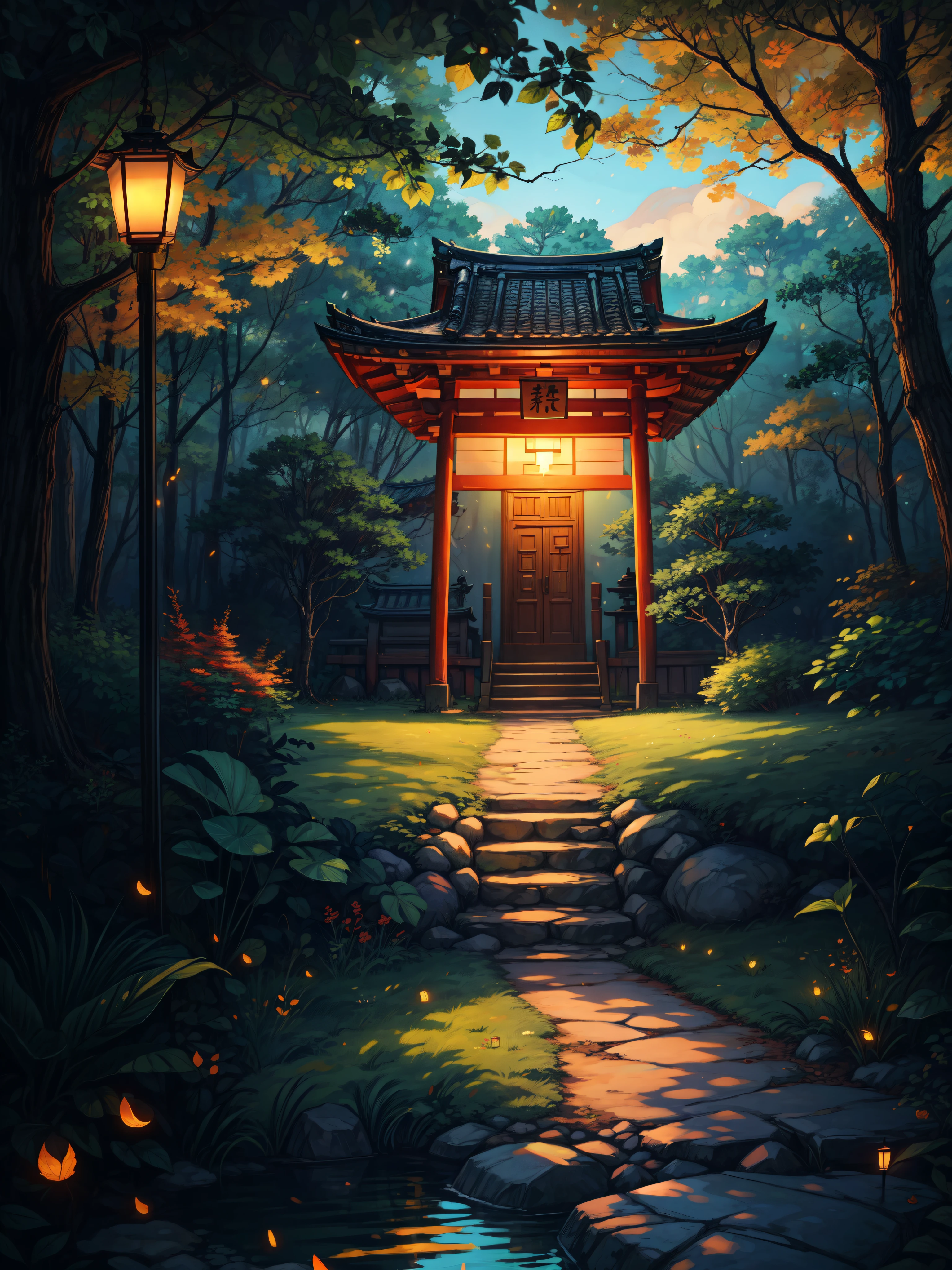 aerial view, Japanese temple, surrounded by lake, tropical long plants, in the woods, lanterns trail, pebbles, evening light, magical environment, fireflies, windy, beautiful ambience, glow on foliage, bright volumetric light, peaceful scene, light shining on part of foliage, micro landscape, intrinsic details