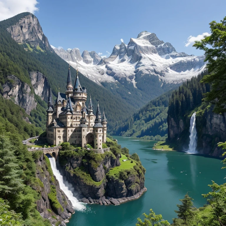 A grand castle with multiple spires and towers, built on a cliff surrounded by waterfalls, overlooking a lake with mountains in the background  a majestic palace with domed roofs and intricate carving waterfalls, overlooking a river with forests in the distance a mediaval fortress with turrets and battlements, situated on a rocky outcrop surrounded by cascading waterfalls overlooking a valley with snow-capped peaks in the backdrop