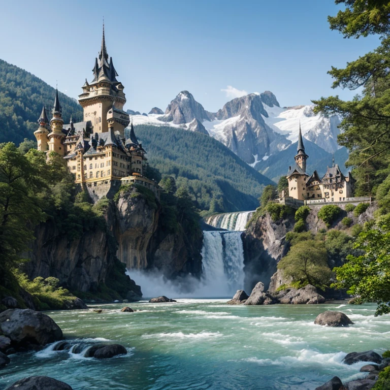 A grand castle with multiple spires and towers, built on a cliff surrounded by waterfalls, overlooking a lake with mountains in the background  a majestic palace with domed roofs and intricate carving waterfalls, overlooking a river with forests in the distance a mediaval fortress with turrets and battlements, situated on a rocky outcrop surrounded by cascading waterfalls overlooking a valley with snow-capped peaks in the backdrop